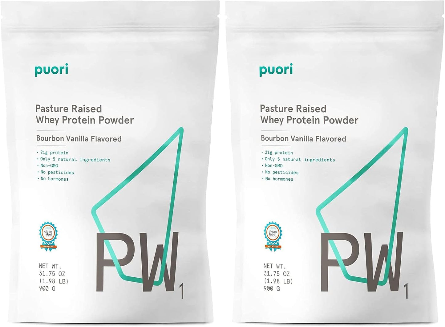 Puori PW1 Whey Protein Powder Bourbon Vanilla 1.98lbs - Grass-Fed, Non-GMO, 100% Natural for Muscle Growth - Pack of 2