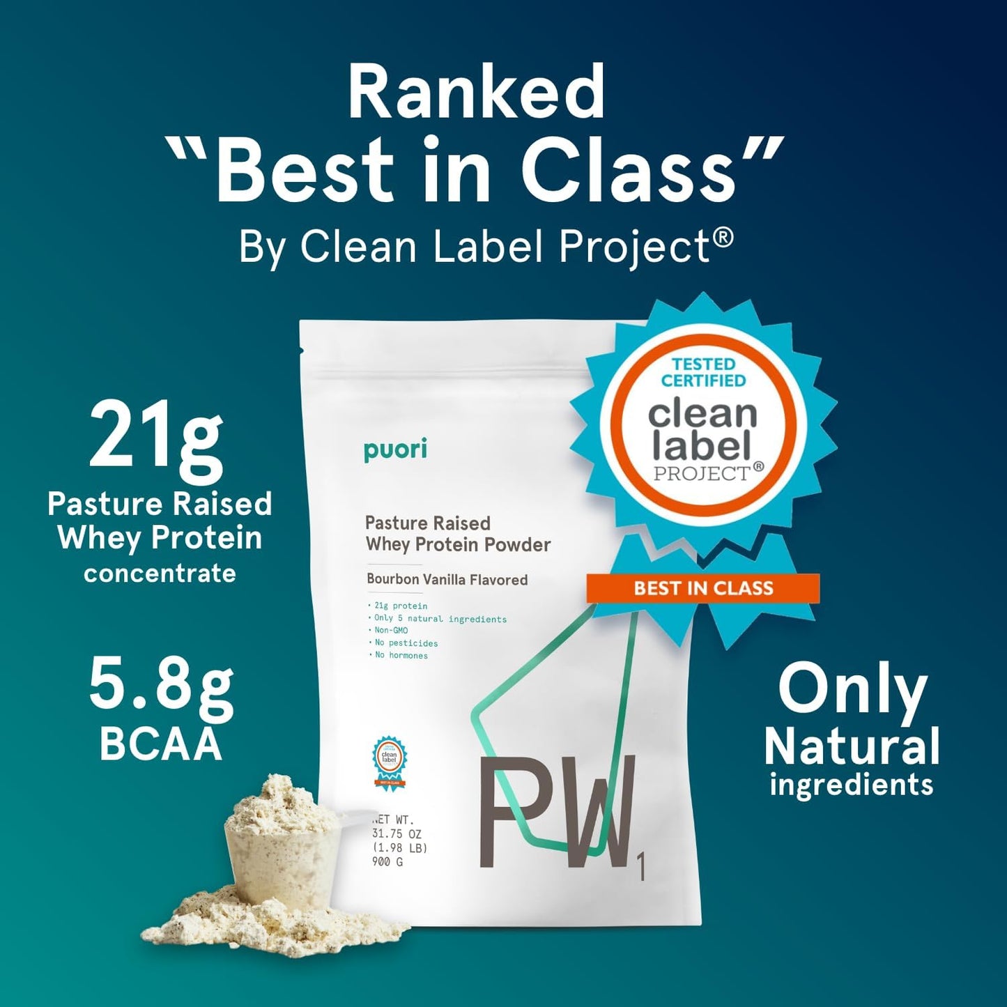Puori PW1 Whey Protein Powder Bourbon Vanilla 1.98lbs - Grass-Fed, Non-GMO, 100% Natural for Muscle Growth - Pack of 2