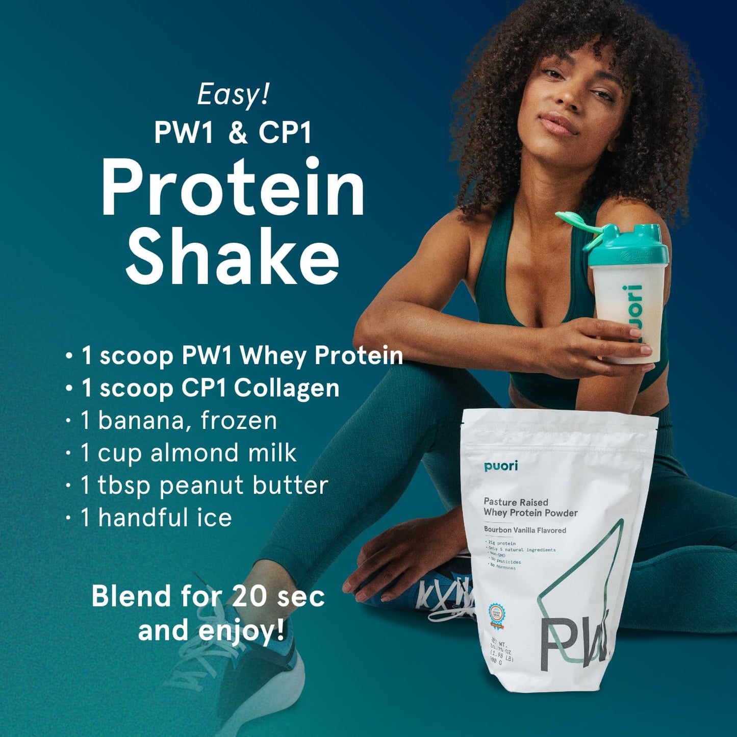 Puori PW1 Whey Protein Powder Bourbon Vanilla 1.98lbs - Grass-Fed, Non-GMO, 100% Natural for Muscle Growth - Pack of 2