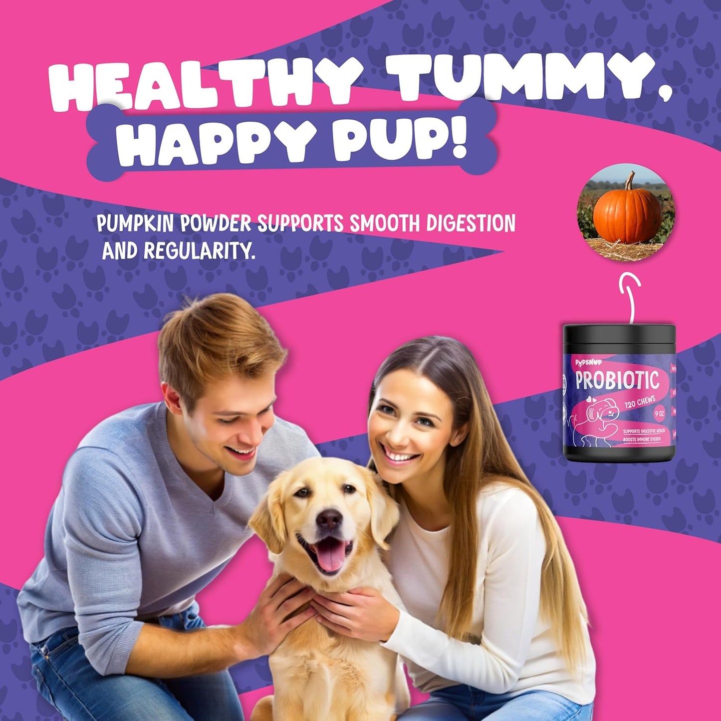 PupSnup Probiotic Soft Chews for Dogs - Supports Gut & Digestive Health - Boosts Immune System - Pumpkin & Papaya Powder - 120 Count - USA Made