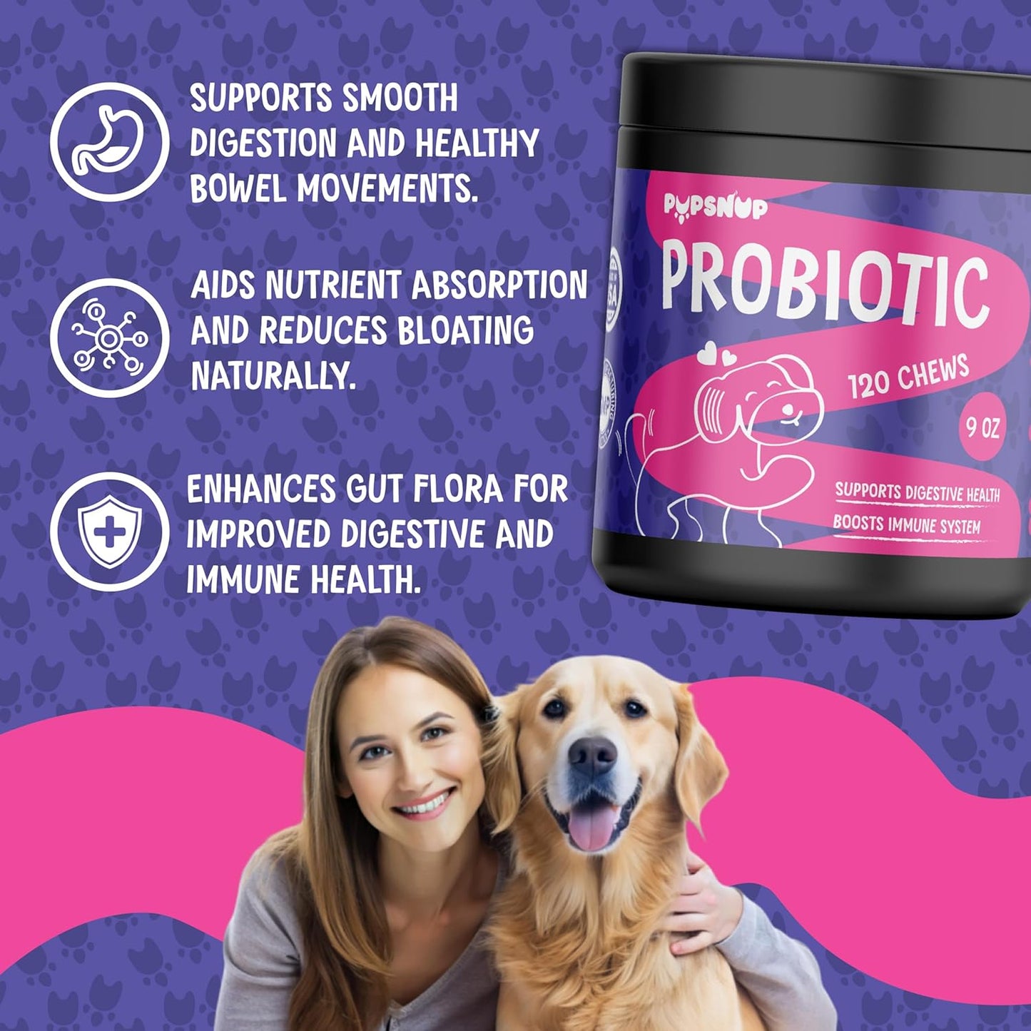 PupSnup Probiotic Soft Chews for Dogs - Supports Gut & Digestive Health - Boosts Immune System - Pumpkin & Papaya Powder - 120 Count - USA Made