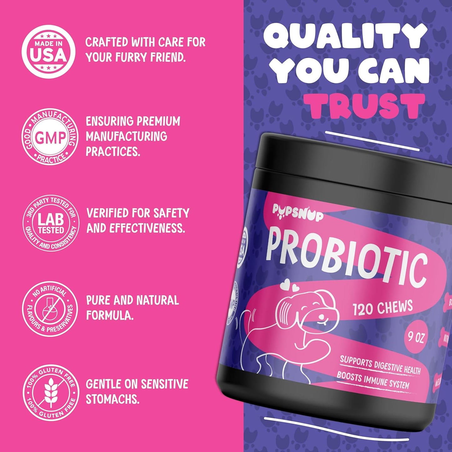 PupSnup Probiotic Soft Chews for Dogs - Supports Gut & Digestive Health - Boosts Immune System - Pumpkin & Papaya Powder - 120 Count - USA Made