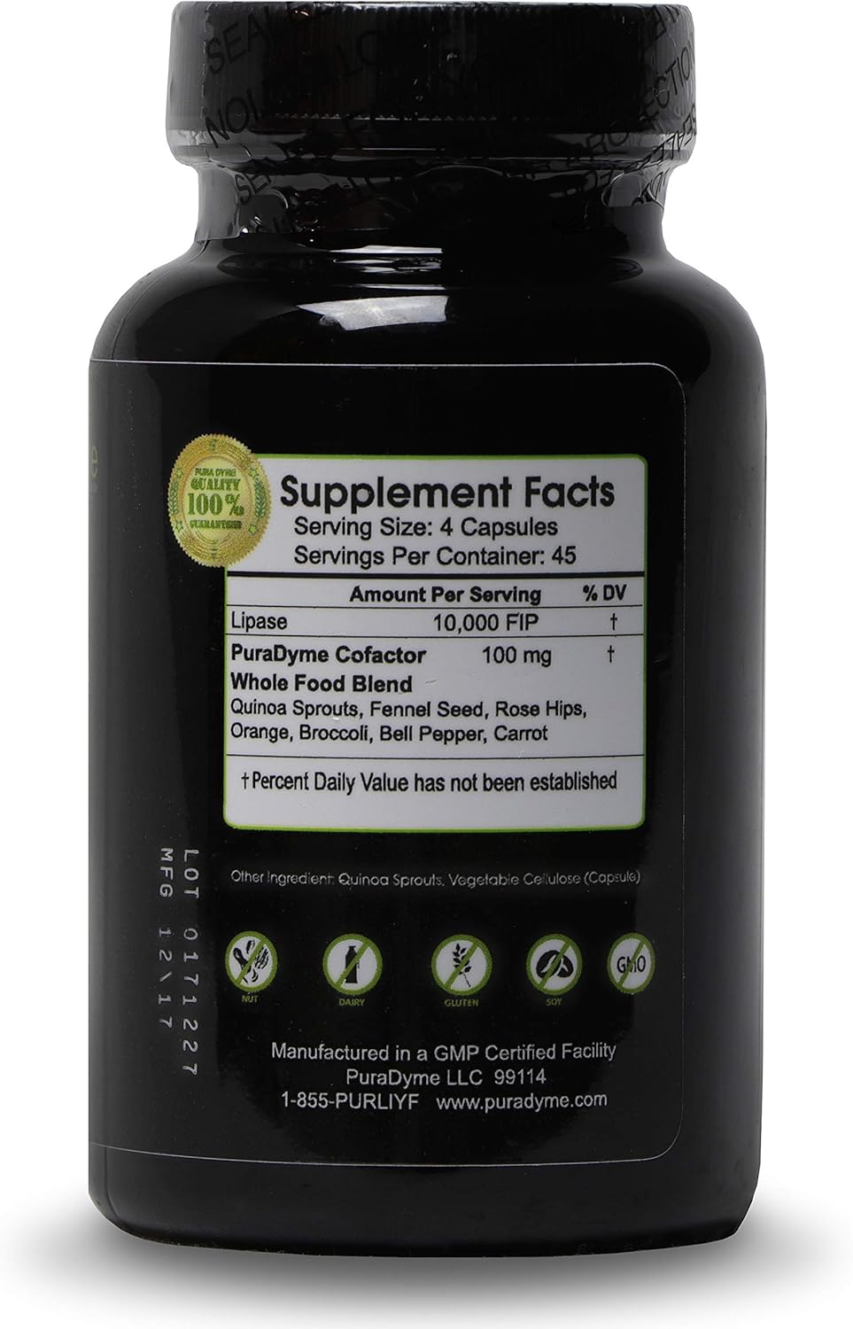 PuraDyme Lipase Enzyme 180 Capsules - Powerful Digestive Enzyme Supplement