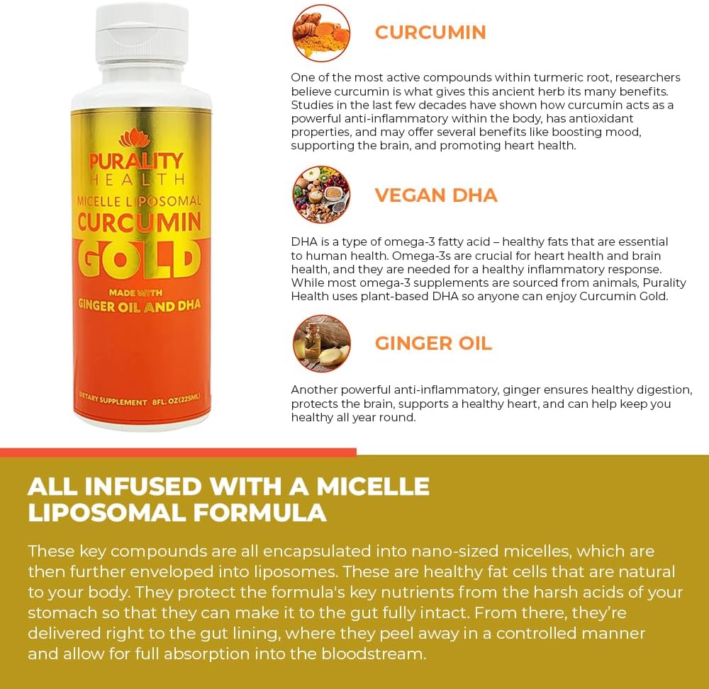 PURALITY HEALTH Curcumin Gold with Ginger Oil & DHA Omega-3s for Joint Health - 15 Day Supply