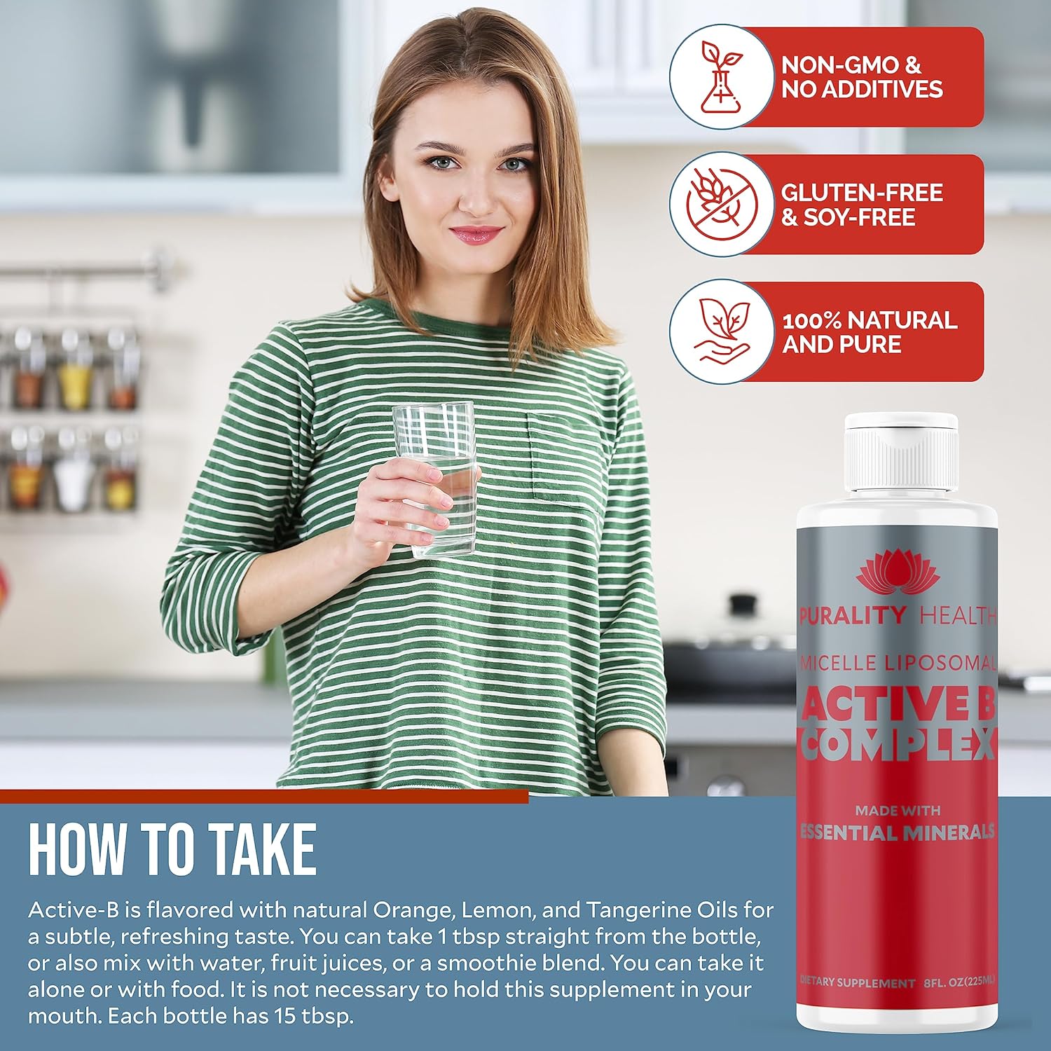 Purality Health Liposomal Vitamin B Complex Liquid Supplement with Enhanced Absorption - B1, B2, B3, B5, B6, B12, Biotin + Minerals - 15 Day Supply