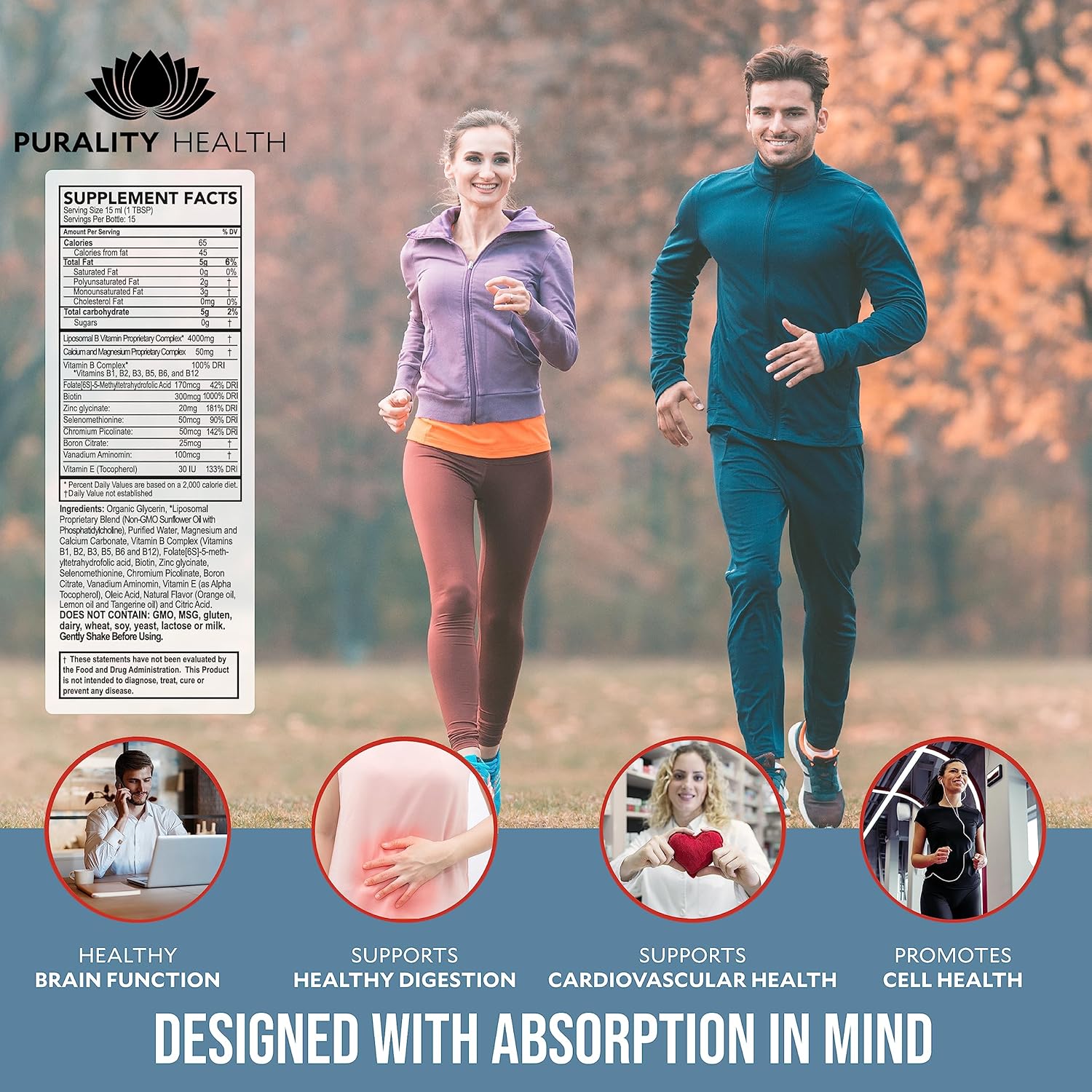 Purality Health Liposomal Vitamin B Complex Liquid Supplement with Enhanced Absorption - B1, B2, B3, B5, B6, B12, Biotin + Minerals - 15 Day Supply