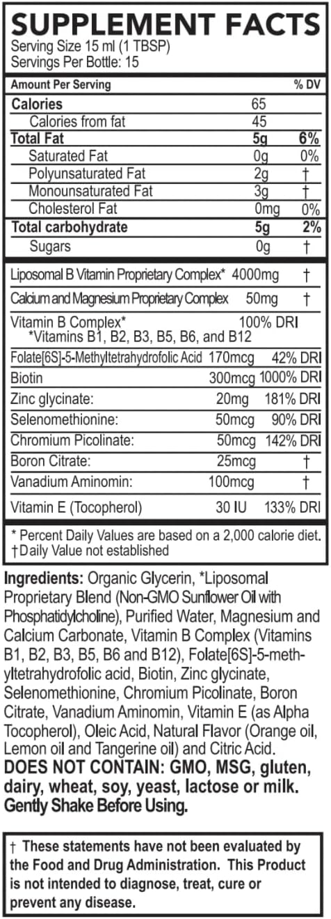 Purality Health Liposomal Vitamin B Complex Liquid Supplement with Enhanced Absorption - B1, B2, B3, B5, B6, B12, Biotin + Minerals - 15 Day Supply