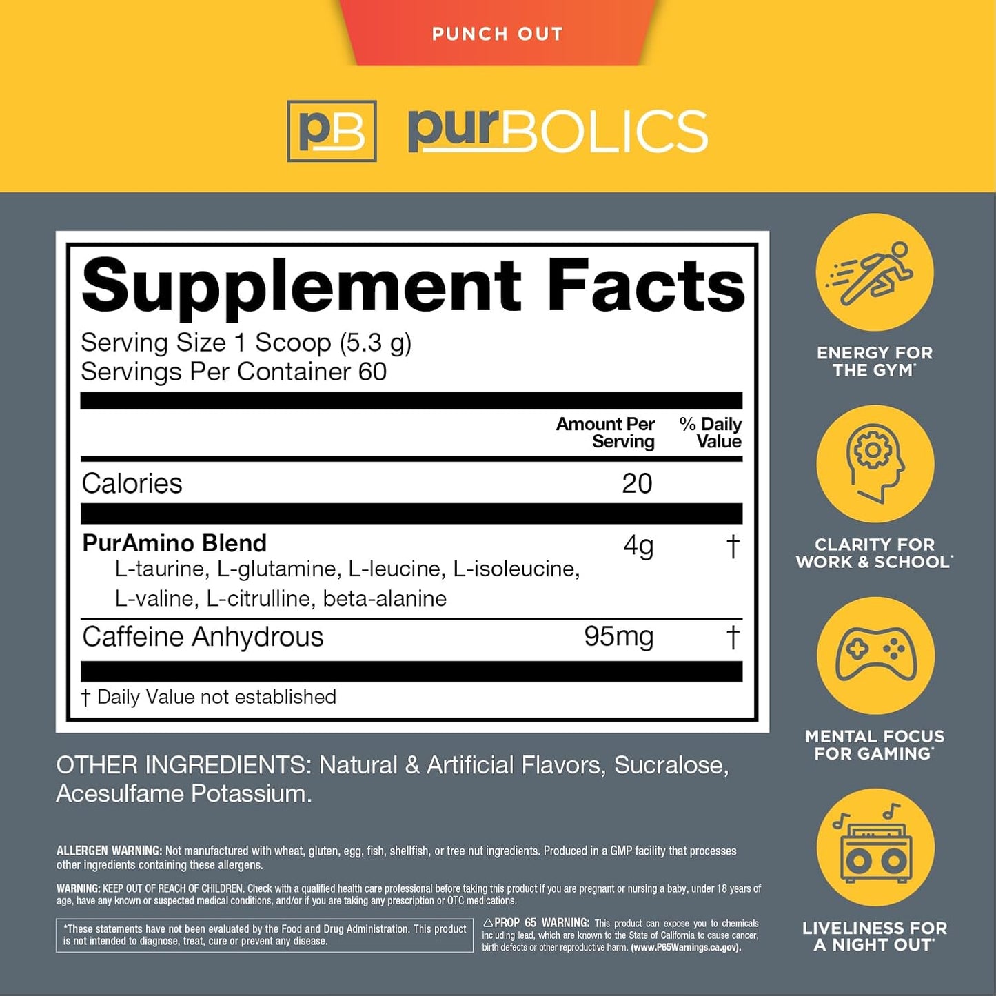 Purbolics Aminos + Energy Supplement - Boosts Recovery, Energy & Focus - 95mg Caffeine, 0 Sugar - 60 Servings