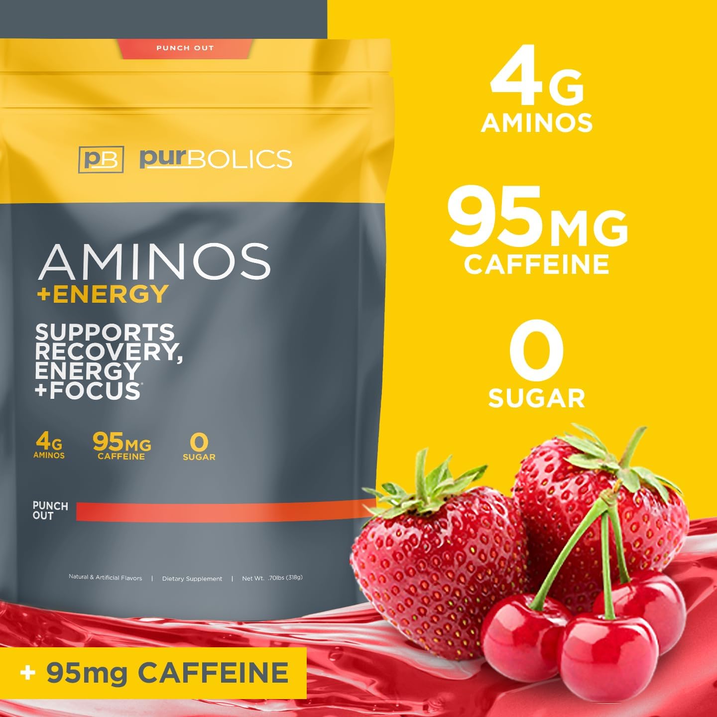 Purbolics Aminos + Energy Supplement - Boosts Recovery, Energy & Focus - 95mg Caffeine, 0 Sugar - 60 Servings