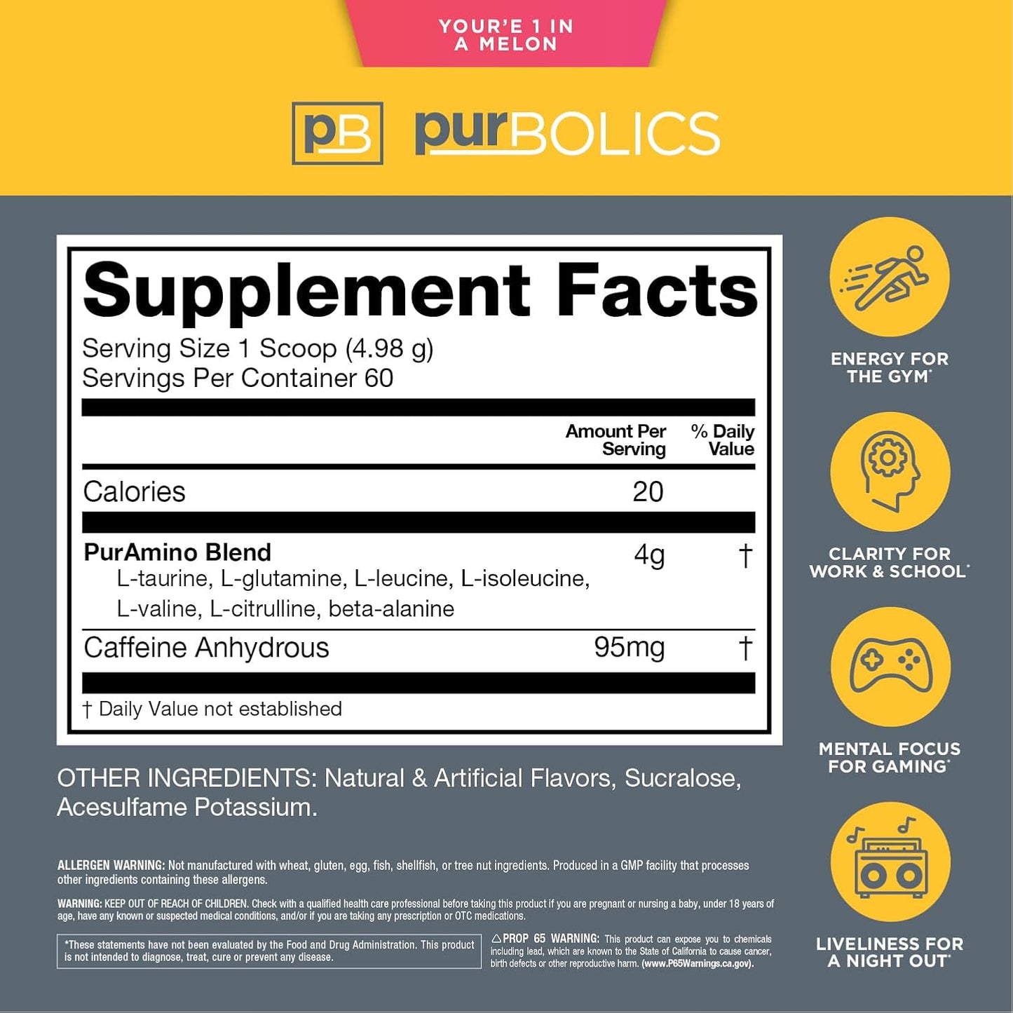 Purbolics Aminos + Energy Supplement | Enhances Recovery, Energy, & Focus | 95mg Caffeine, No Sugar | 60 Servings
