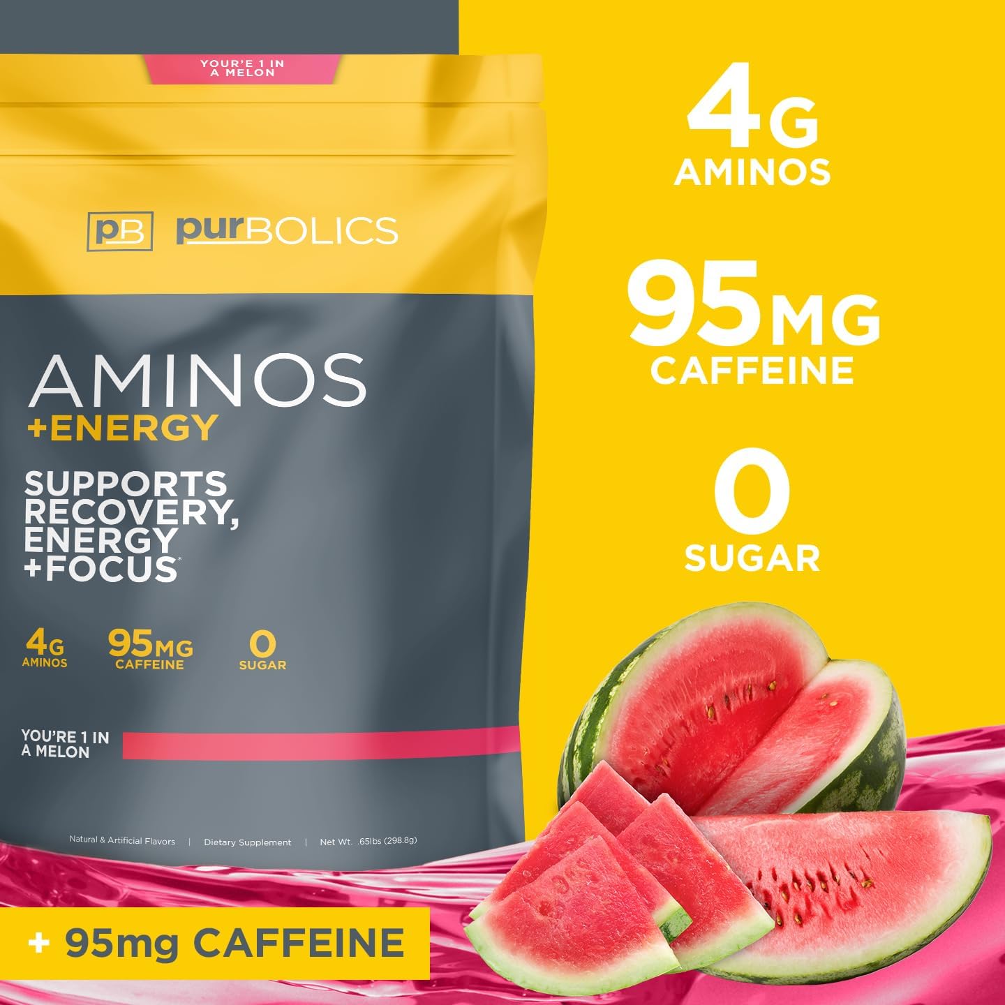 Purbolics Aminos + Energy Supplement | Enhances Recovery, Energy, & Focus | 95mg Caffeine, No Sugar | 60 Servings