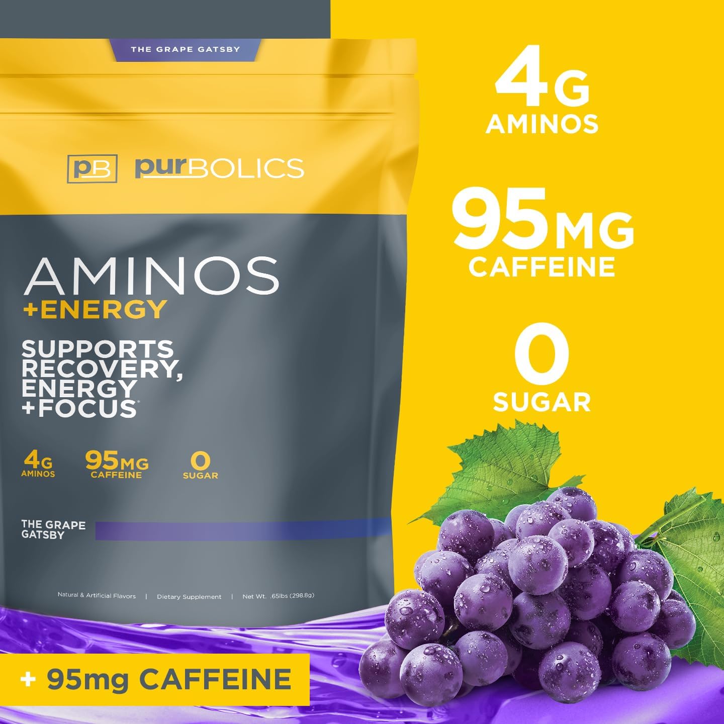 Purbolics Aminos + Energy Supplement for Recovery, Energy, and Focus - The Grape Gatsby Flavor - 95mg Caffeine, 0 Sugar, 60 Servings