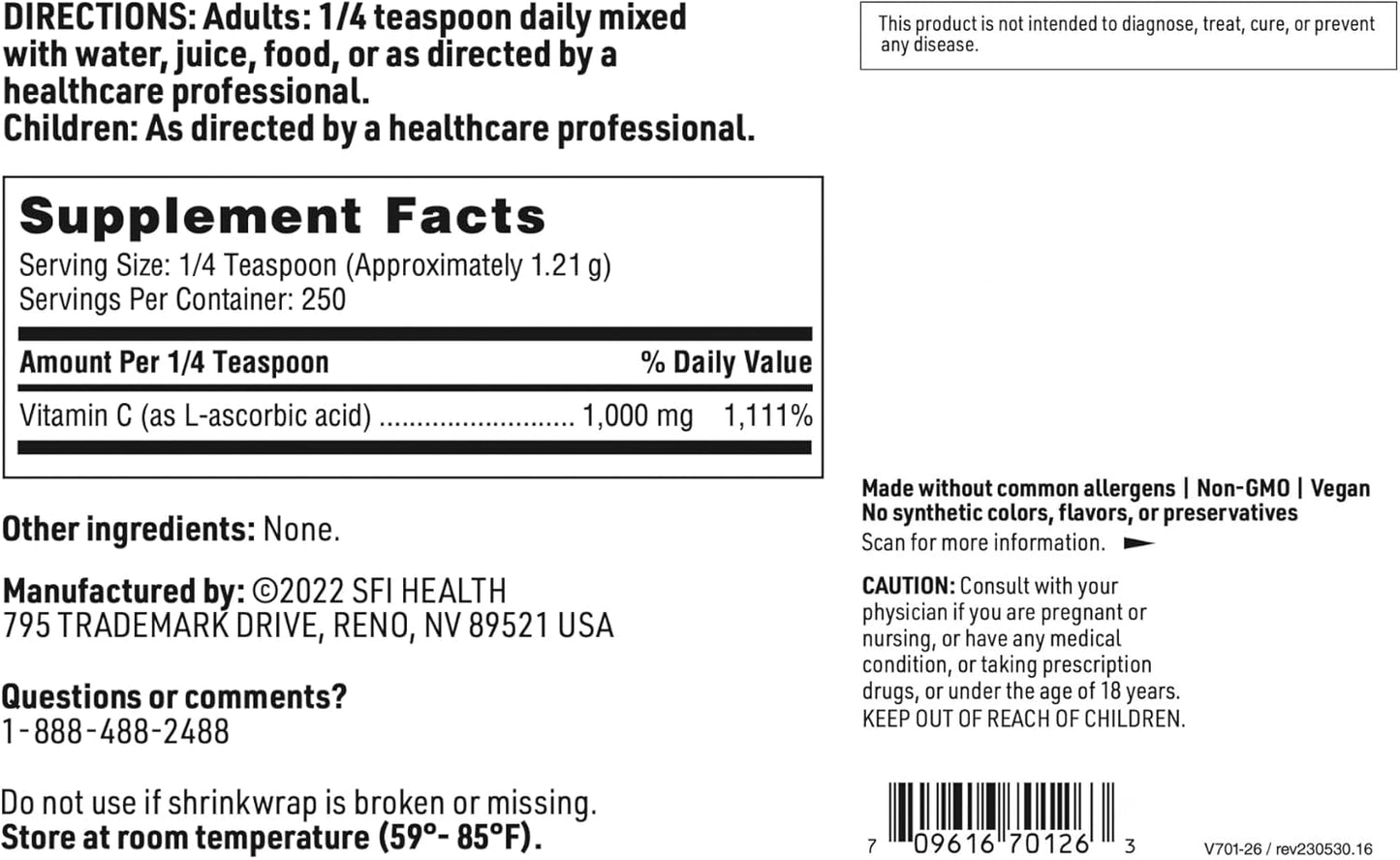 Pure 1000mg L-Ascorbic Acid Vitamin C Powder for Immune System & Collagen - 250 Servings
