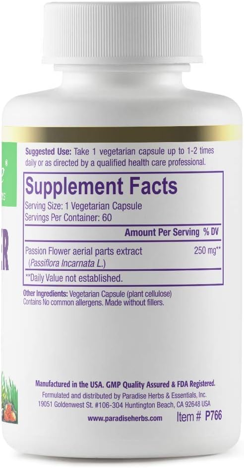 Pure and Potent Passion Flower Supplement for Relaxation - Vegan, Non-GMO, Gluten-Free - 60 Count Capsules by Paradise Herbs