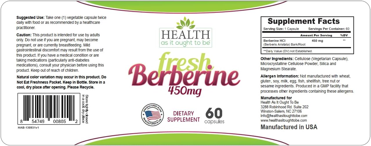 Pure Berberine 450mg Capsules - All-Natural Supplement with No Preservatives - 60 Count