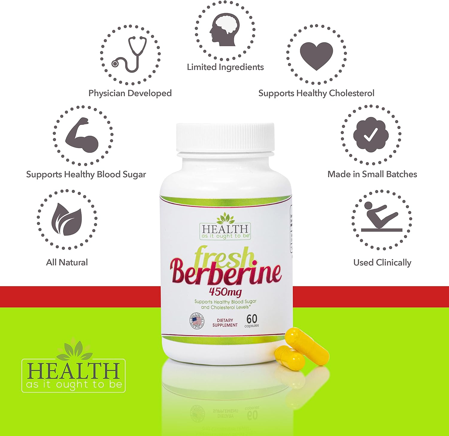 Pure Berberine 450mg Capsules - All-Natural Supplement with No Preservatives - 60 Count