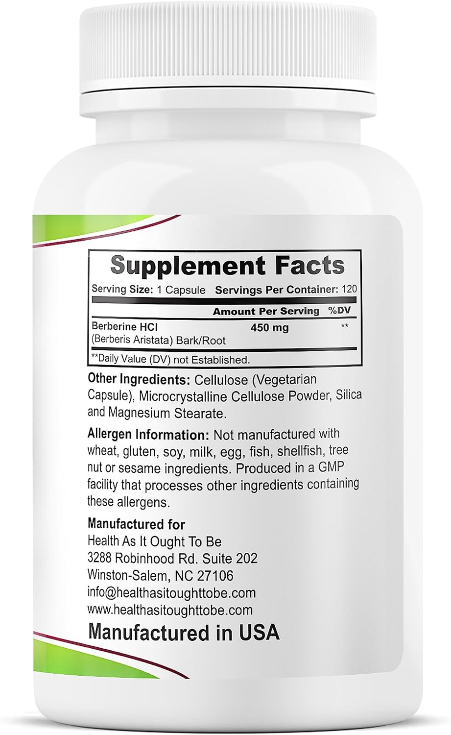 Pure Berberine 450mg Supplement | All-Natural Formula | 120 Capsules | No Additives