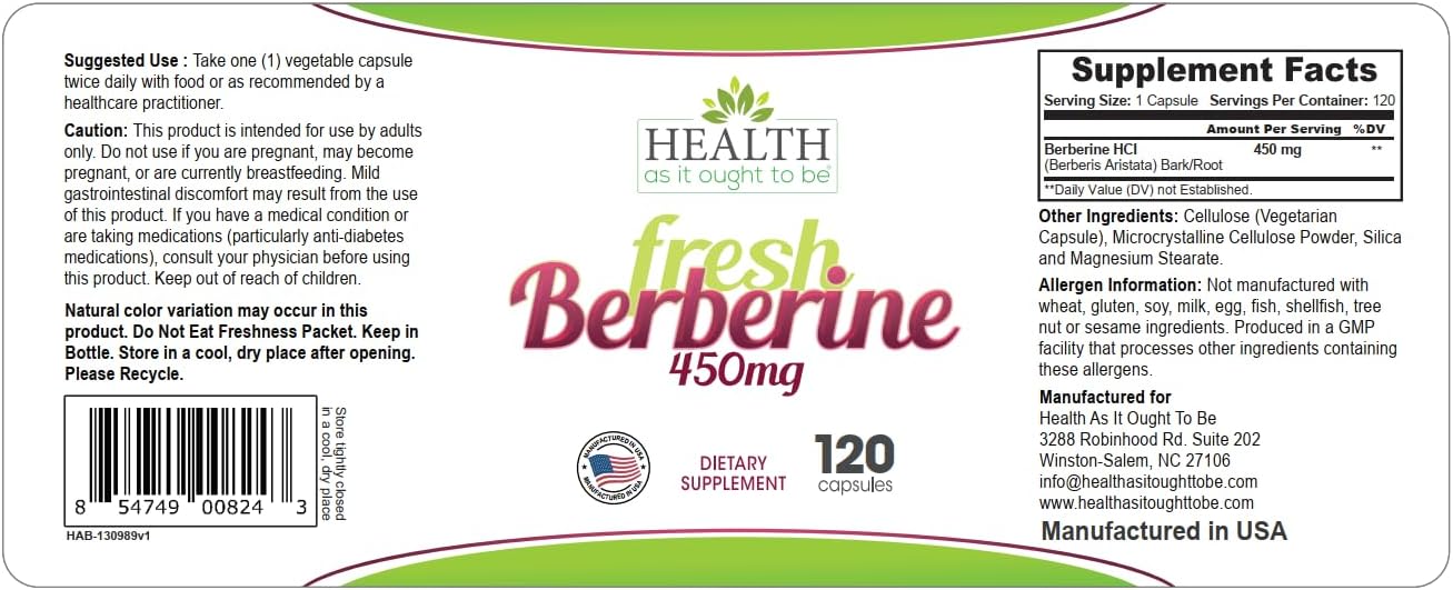 Pure Berberine 450mg Supplement | All-Natural Formula | 120 Capsules | No Additives