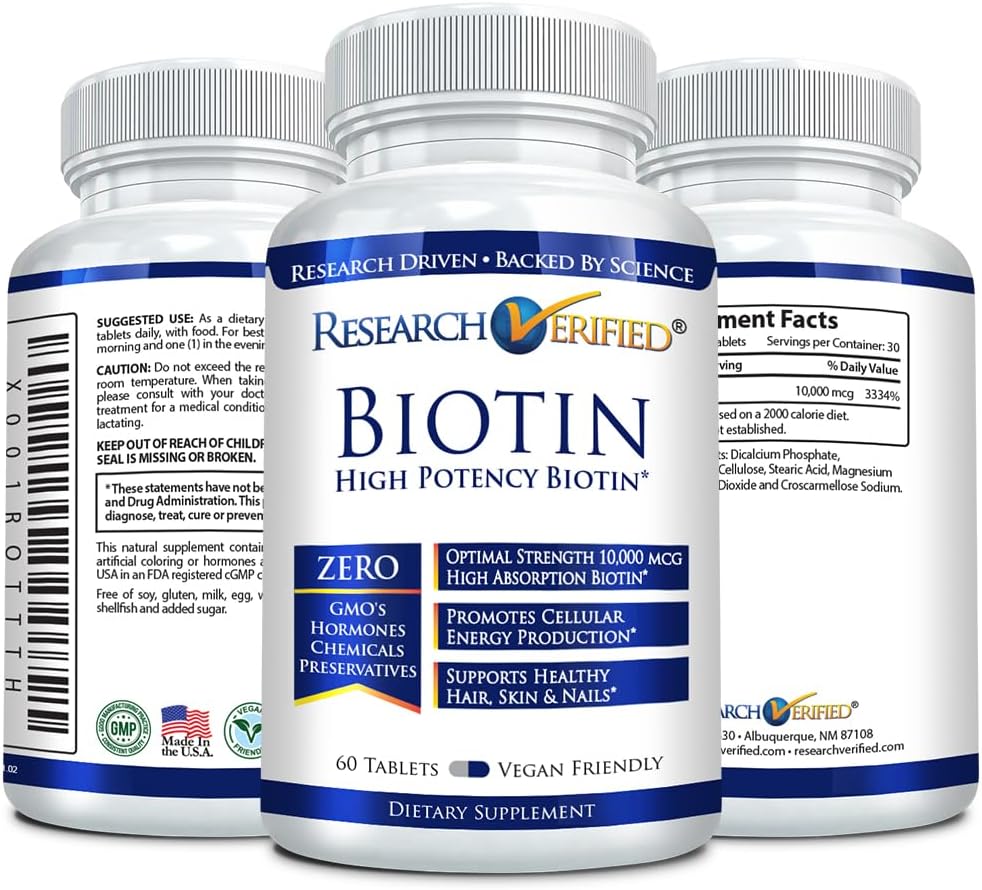 Pure Biotin Extra Strength 10,000mcg for Hair, Skin, and Nails - 60 Vegan Tablets - Made in USA