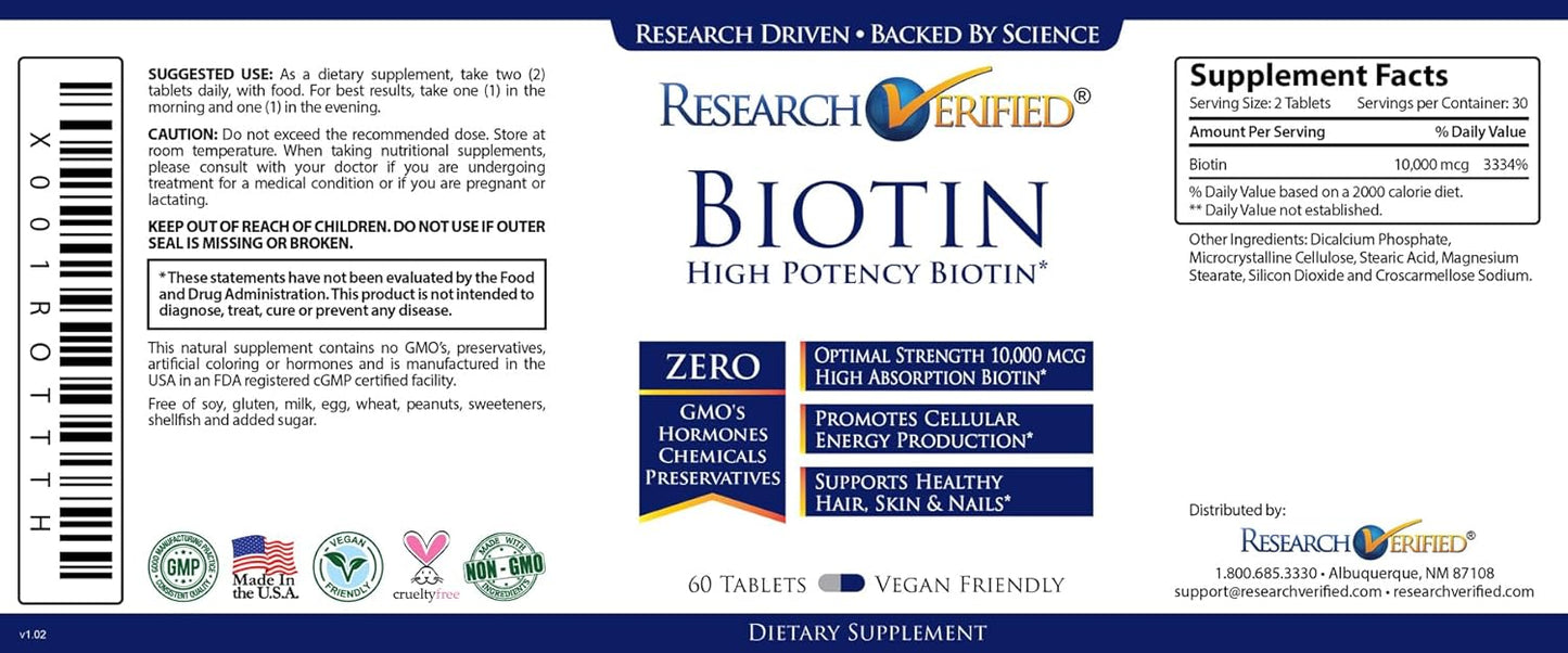 Pure Biotin Extra Strength 10,000mcg for Hair, Skin, and Nails - 60 Vegan Tablets - Made in USA