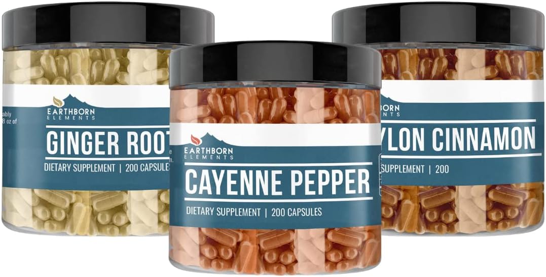 Pure Cayenne Pepper, Ceylon Cinnamon, and Ginger Root Capsules - 200 Count Each, No Additives, Earthborn Elements