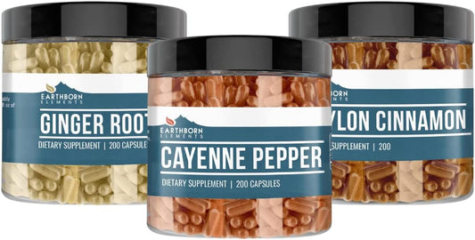 Pure Cayenne Pepper, Ceylon Cinnamon, and Ginger Root Capsules - 200 Count Each, No Additives, Earthborn Elements