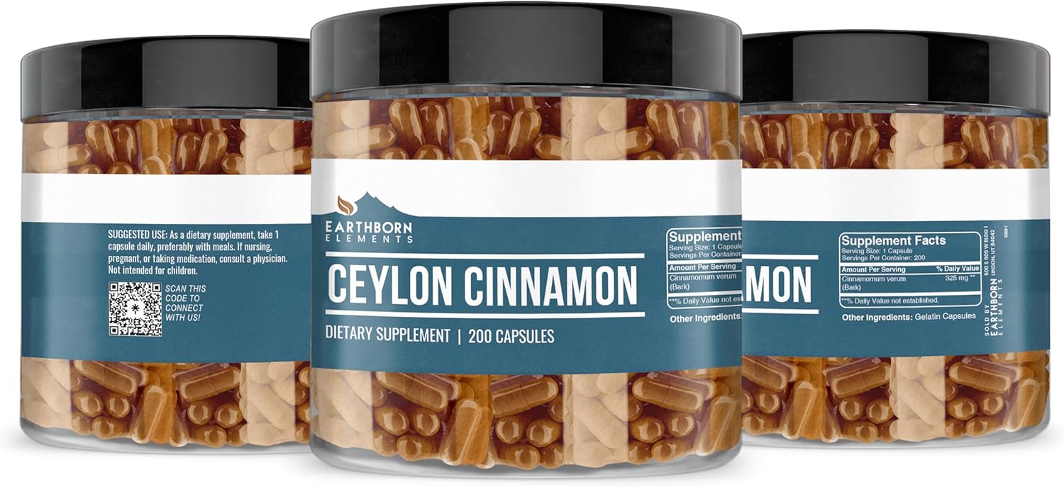 Pure Ceylon Cinnamon Capsules - 200 Count, Earthborn Elements, Additive-Free & Undiluted