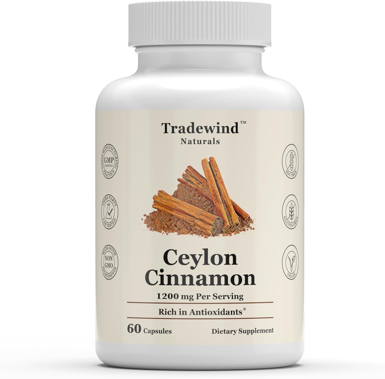 Pure Ceylon Cinnamon Capsules 1200mg - Vegan & Non-GMO - Antioxidant-Rich Supplement for Heart & Brain - 60 Veg Caps