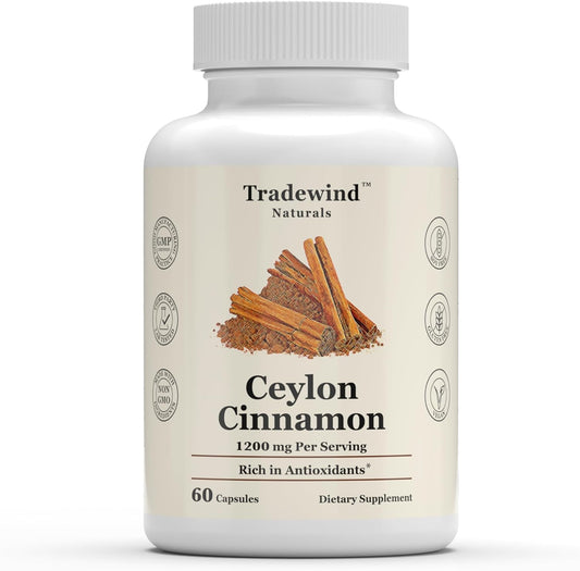Pure Ceylon Cinnamon Capsules 1200mg - Vegan & Non-GMO - Antioxidant-Rich Supplement for Heart & Brain - 60 Veg Caps