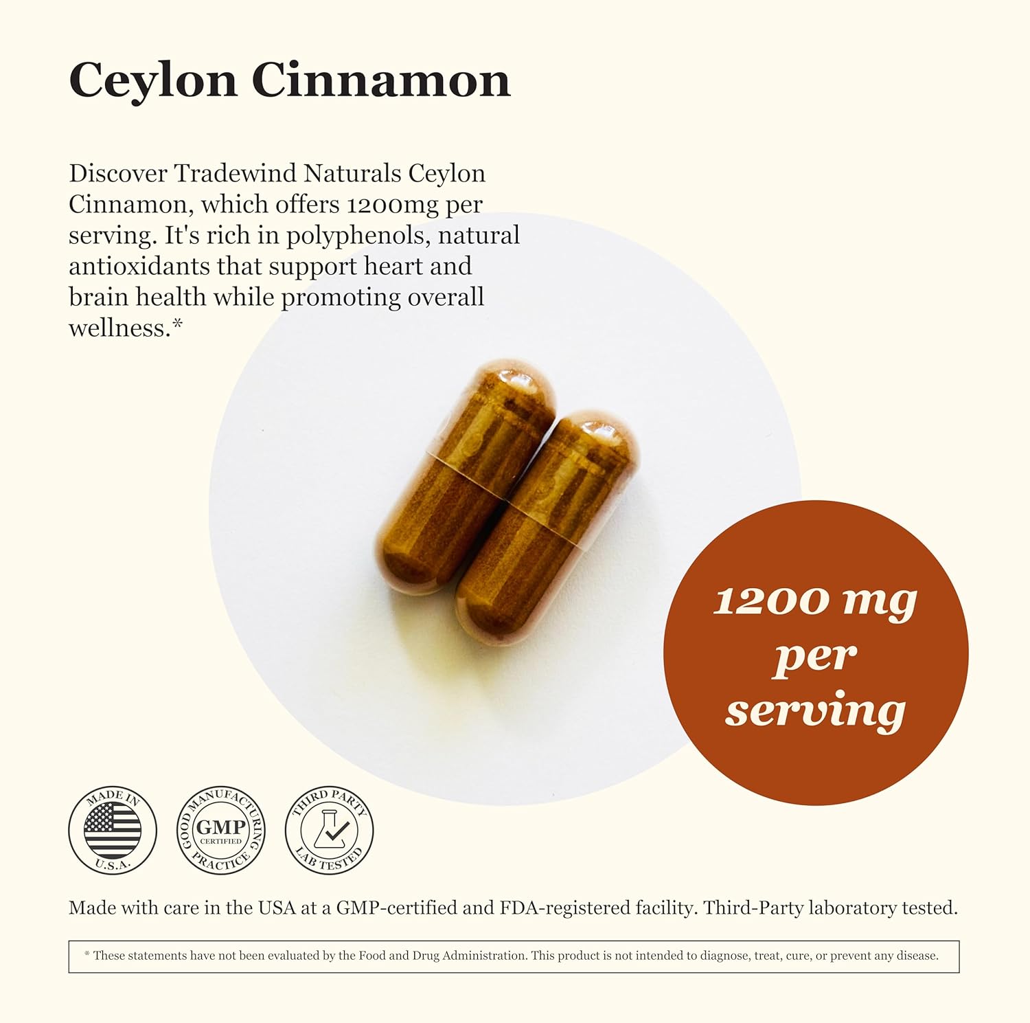 Pure Ceylon Cinnamon Capsules 1200mg - Vegan & Non-GMO - Antioxidant-Rich Supplement for Heart & Brain - 60 Veg Caps