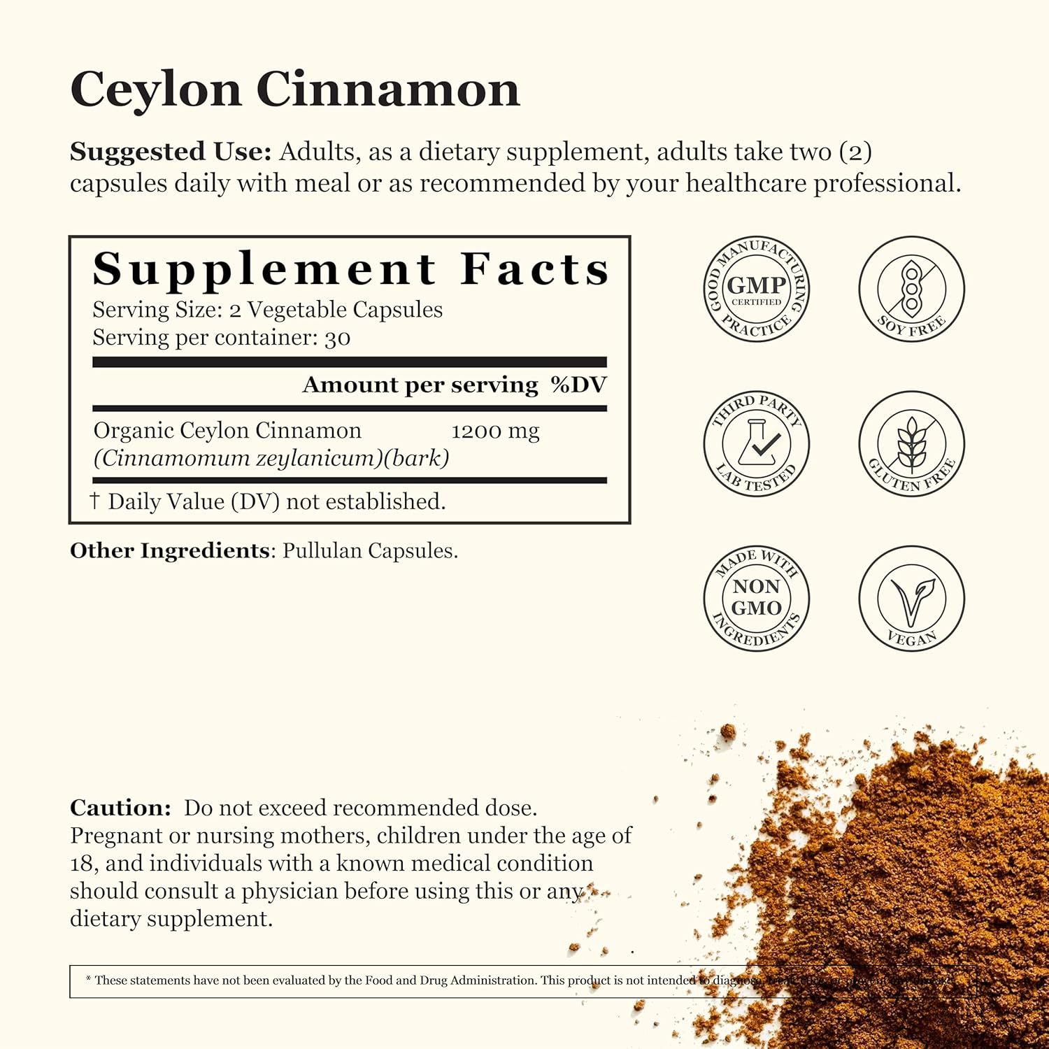 Pure Ceylon Cinnamon Capsules 1200mg - Vegan & Non-GMO - Antioxidant-Rich Supplement for Heart & Brain - 60 Veg Caps