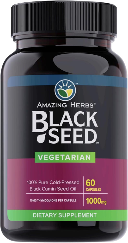 Pure Cold-Pressed Black Seed Oil Capsules - 1000mg Nigella Sativa Supplement - Non GMO Black Cumin Seed Oil Pills - 60 Vegetarian Capsules