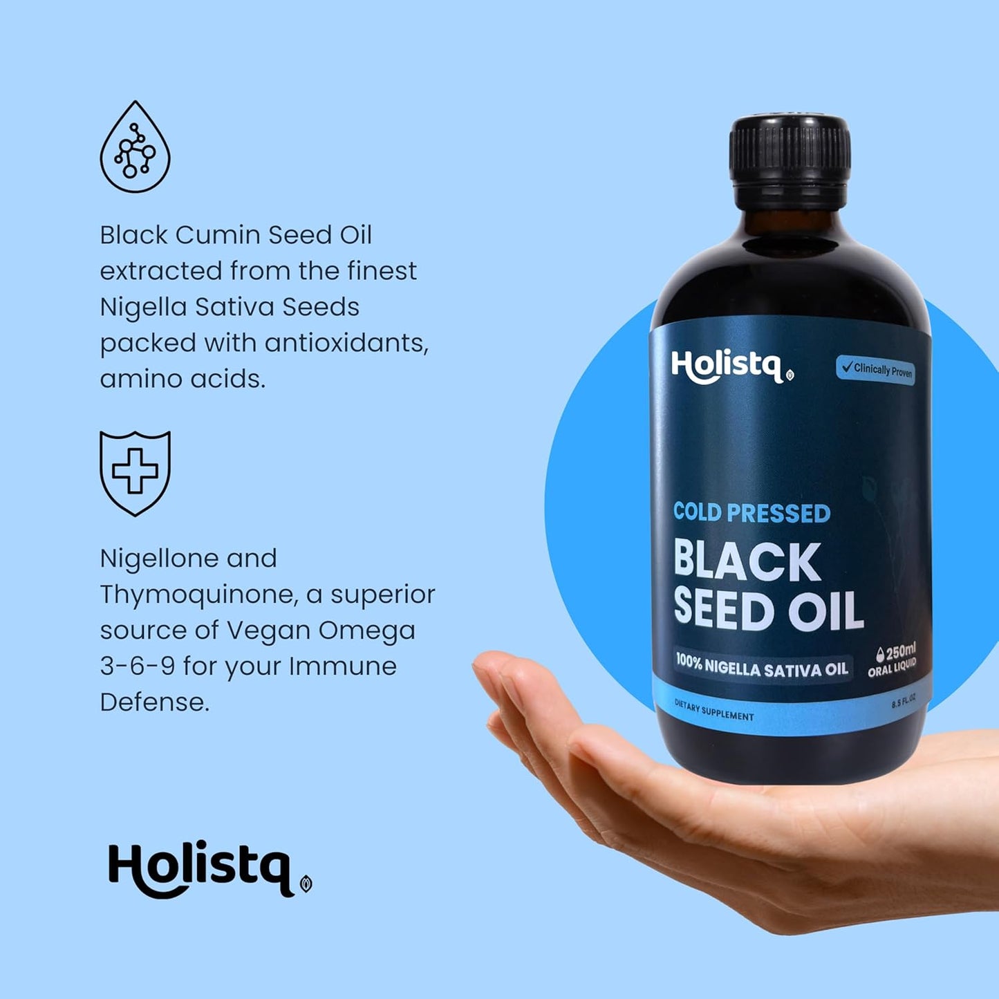 Pure Cold Pressed Black Seed Oil for Immune Support, Hair, Skin, Nails, Joints & Digestive Health - Non-GMO Vegan Omega 3 6 9 - 100% Nigella Sativa Oil with Thymoquinone