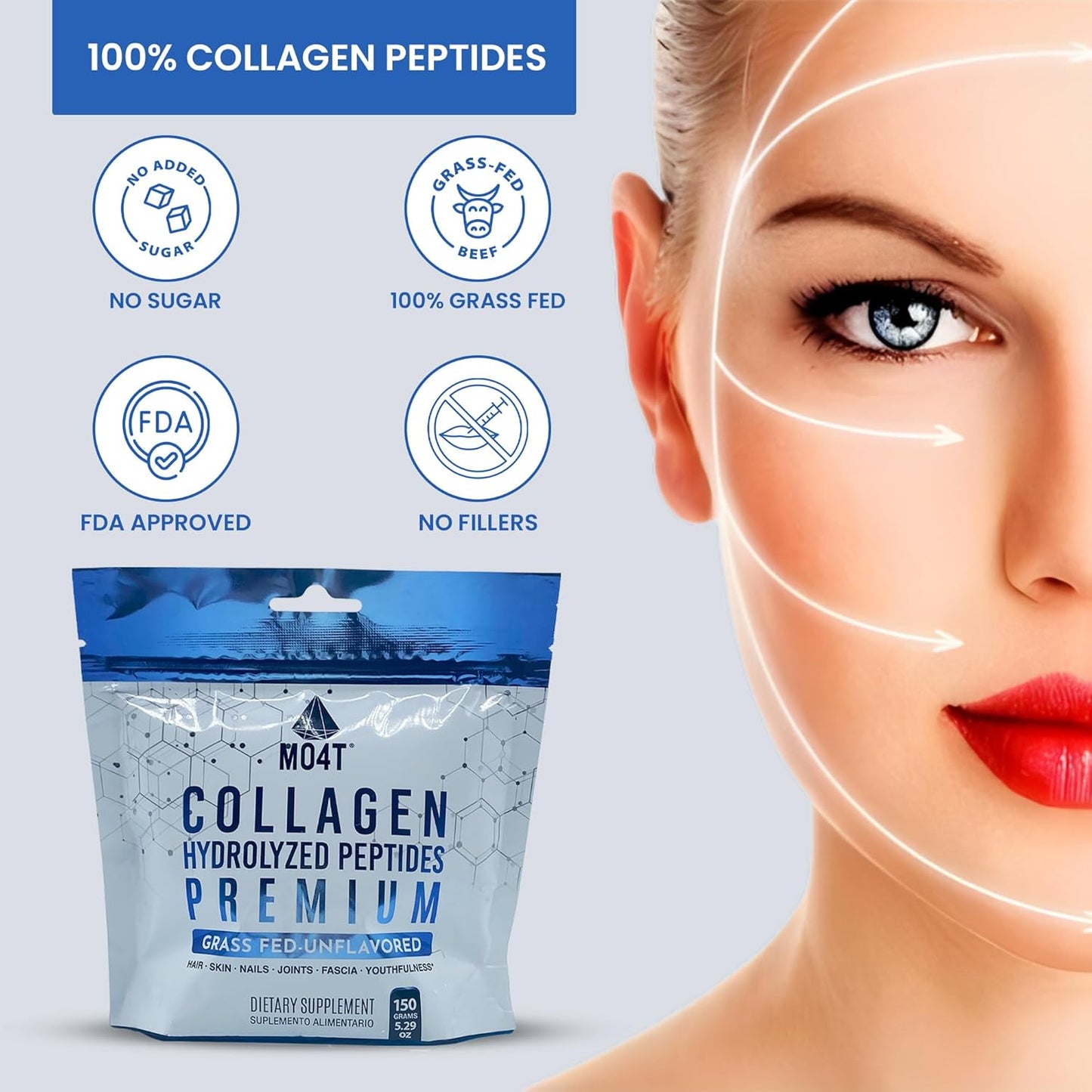 Pure Collagen Peptides Powder from Grass Fed Bovine - Unflavored Hydrolyzed Supplement for Joint Support, Hair, and Nails Beauty