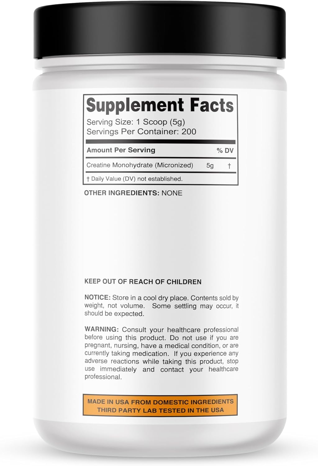 Pure Creatine Monohydrate Powder - 5g per Serving, Made in USA, 3rd Party Tested, No Fillers, Unflavored - 1000g / 200 Servings