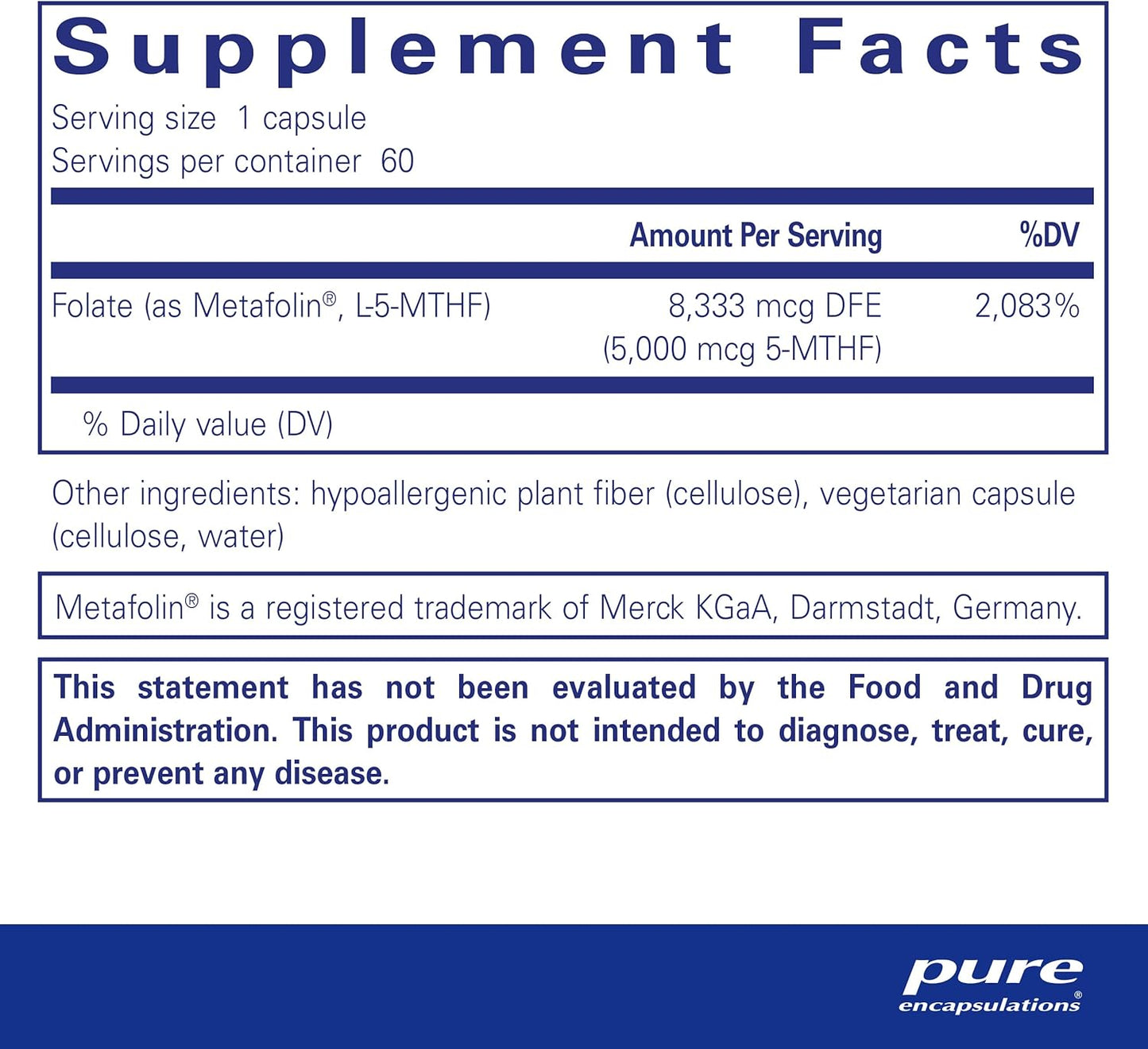 Pure Encapsulations Folate 5,000 - 60 Capsules - Activated Vitamin B9 as 5-Methyltetrahydrofolate