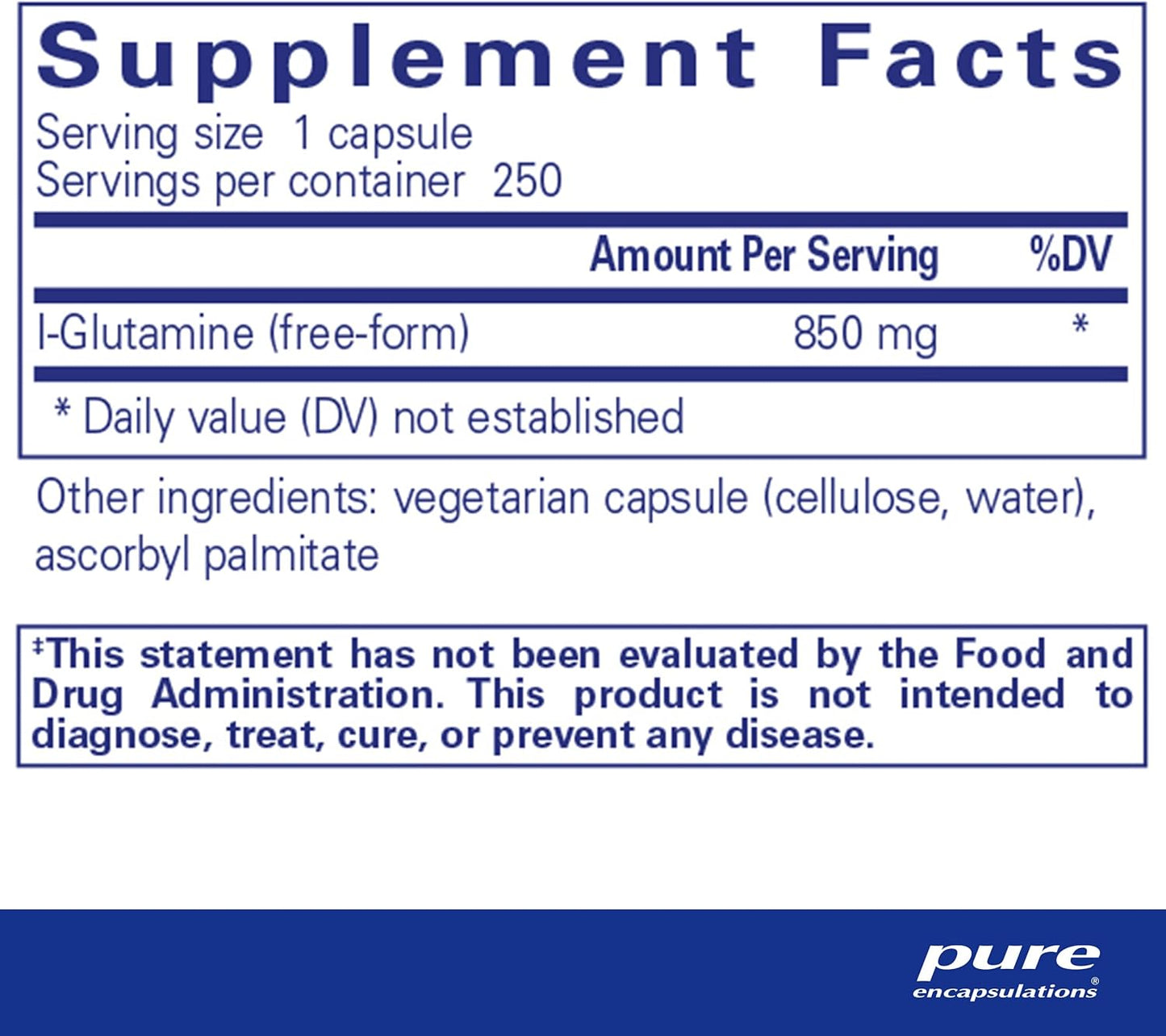 Pure Encapsulations L-Glutamine 850 mg Capsules - Supports Immune, Digestive, Gut Health, Metabolism, and Muscles - 250 Count