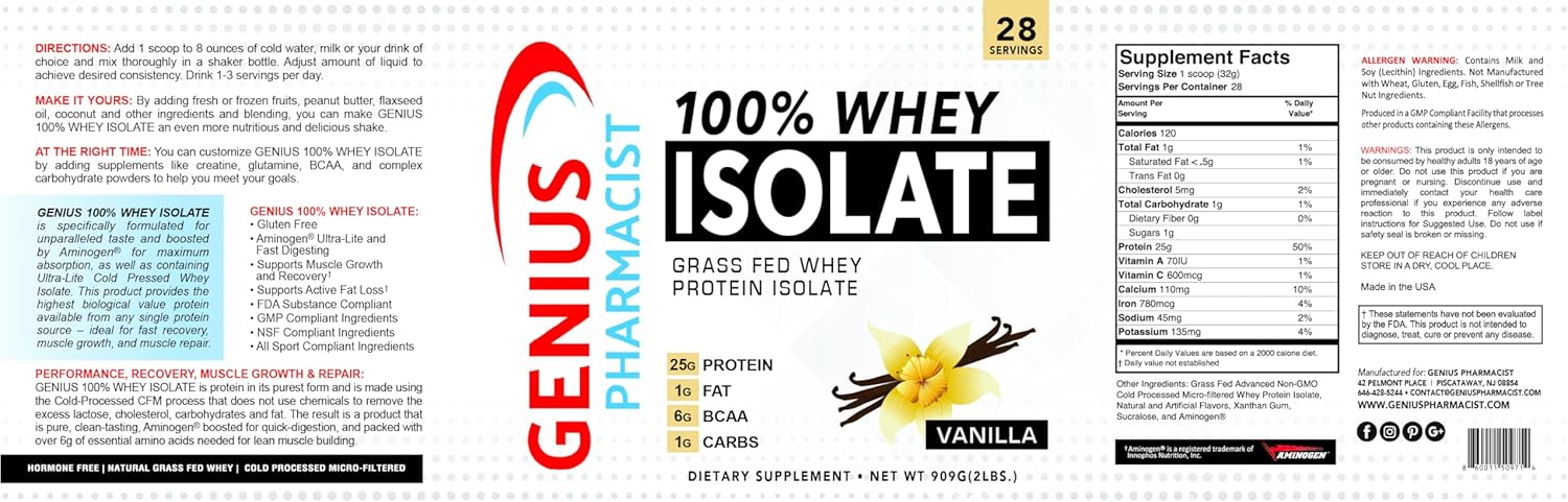 Pure Genius Pharmacist Vanilla Whey Isolate Protein Powder - 2lb (909g) - 28 Servings