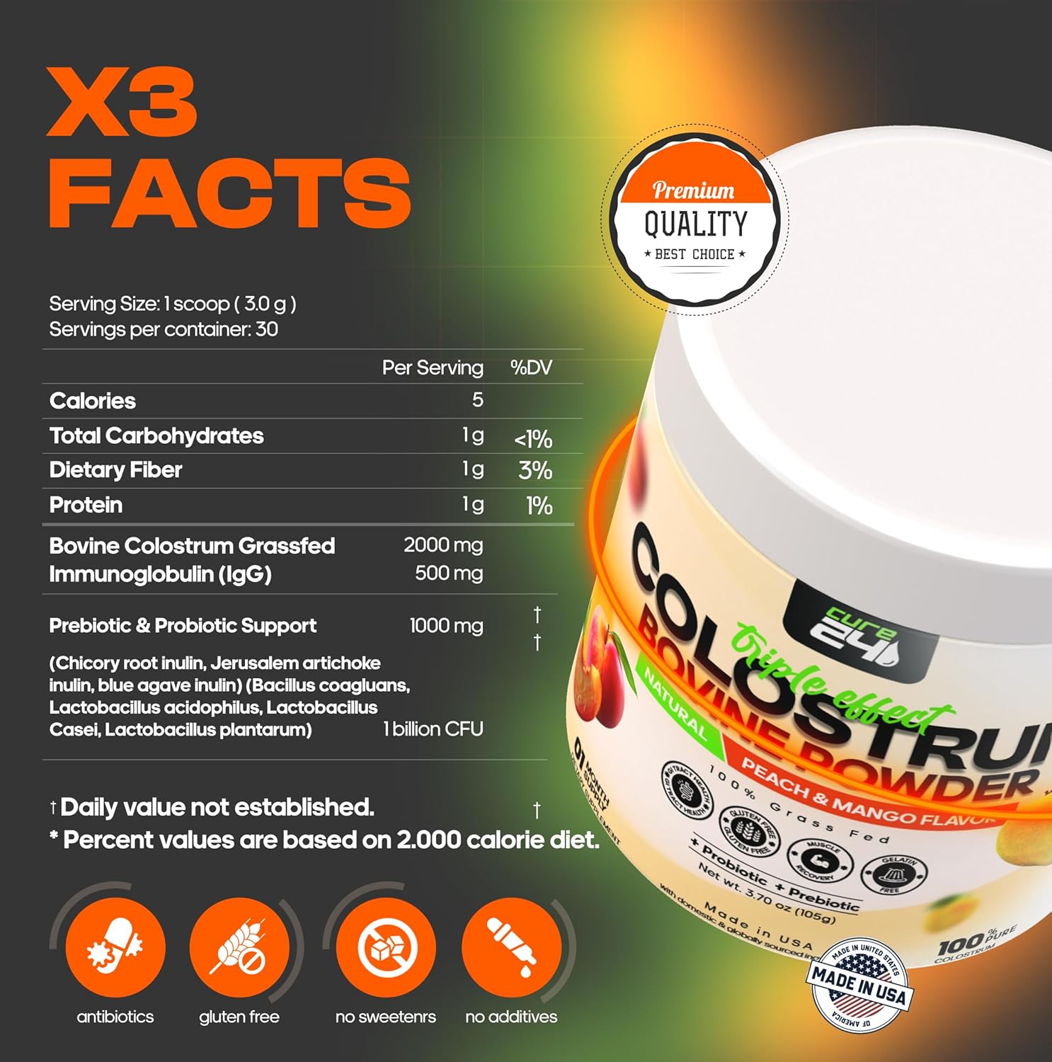 Pure Grass Fed Bovine Colostrum Powder Supplement with Probiotic & Prebiotic - Peach-Mango Flavor - High IgG - Made in USA - BoostGo Australia