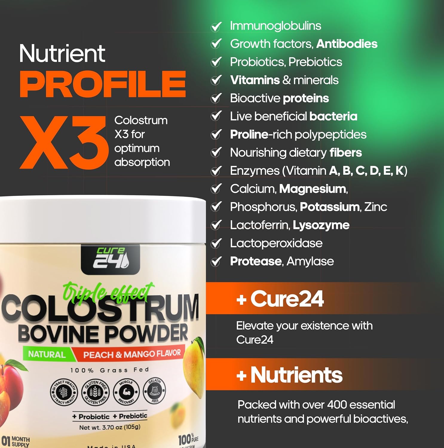 Pure Grass Fed Bovine Colostrum Powder Supplement with Probiotic & Prebiotic - Peach-Mango Flavor - High IgG - Made in USA - BoostGo Australia