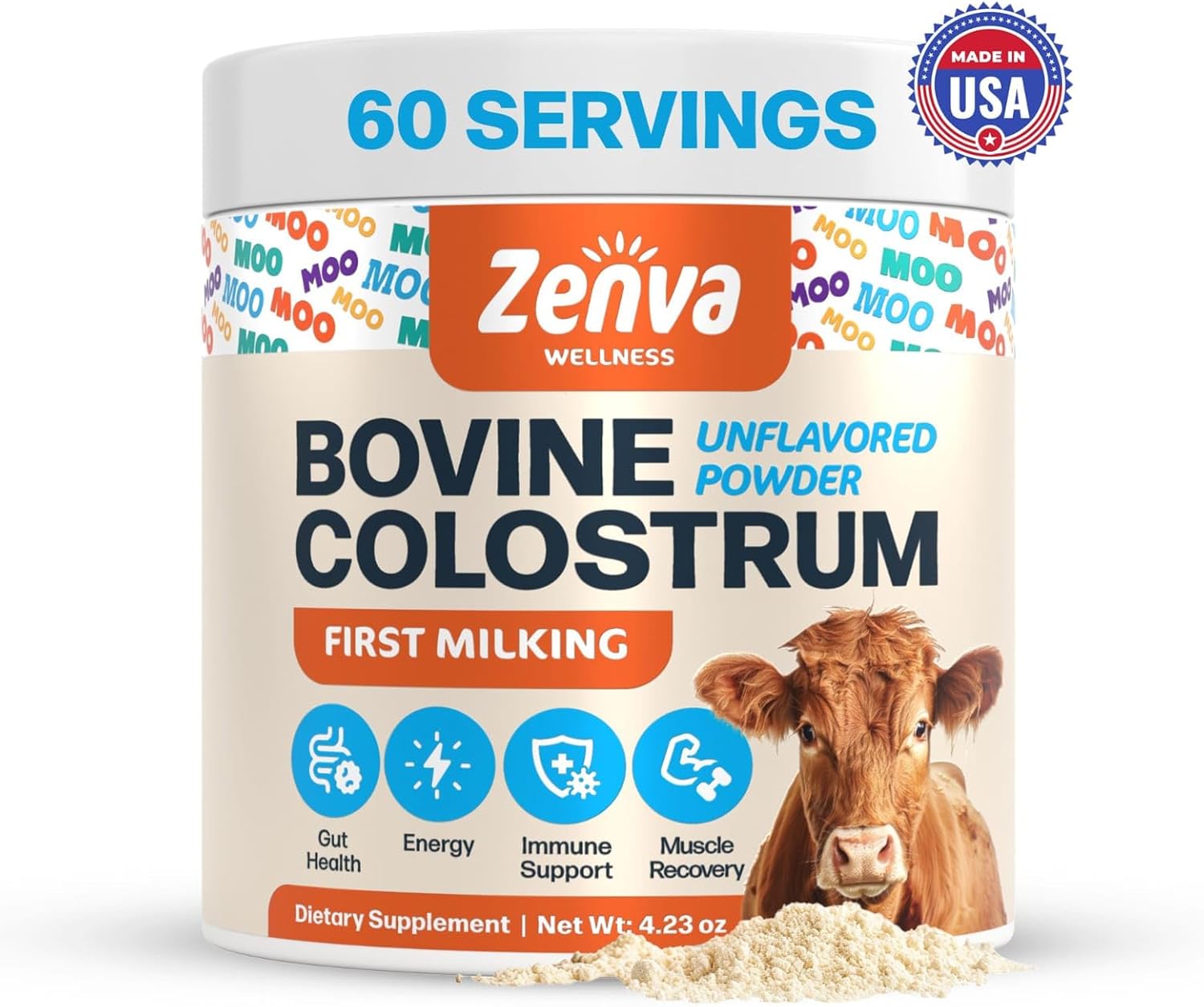 Pure Grass-Fed Bovine Colostrum Supplement for Immune Support - 100% Organic, Unflavored Powder - 60 Servings