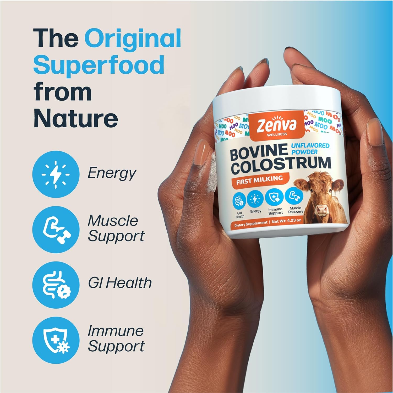 Pure Grass-Fed Bovine Colostrum Supplement for Immune Support - 100% Organic, Unflavored Powder - 60 Servings