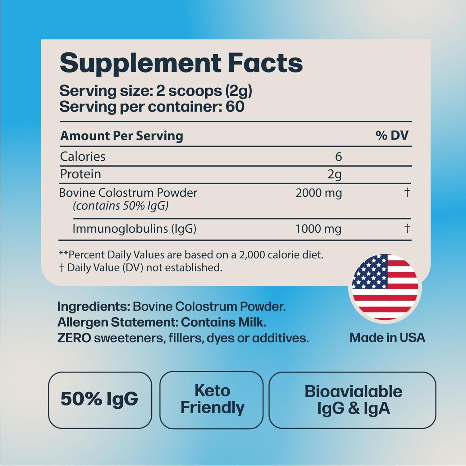 Pure Grass-Fed Bovine Colostrum Supplement for Immune Support - 100% Organic, Unflavored Powder - 60 Servings