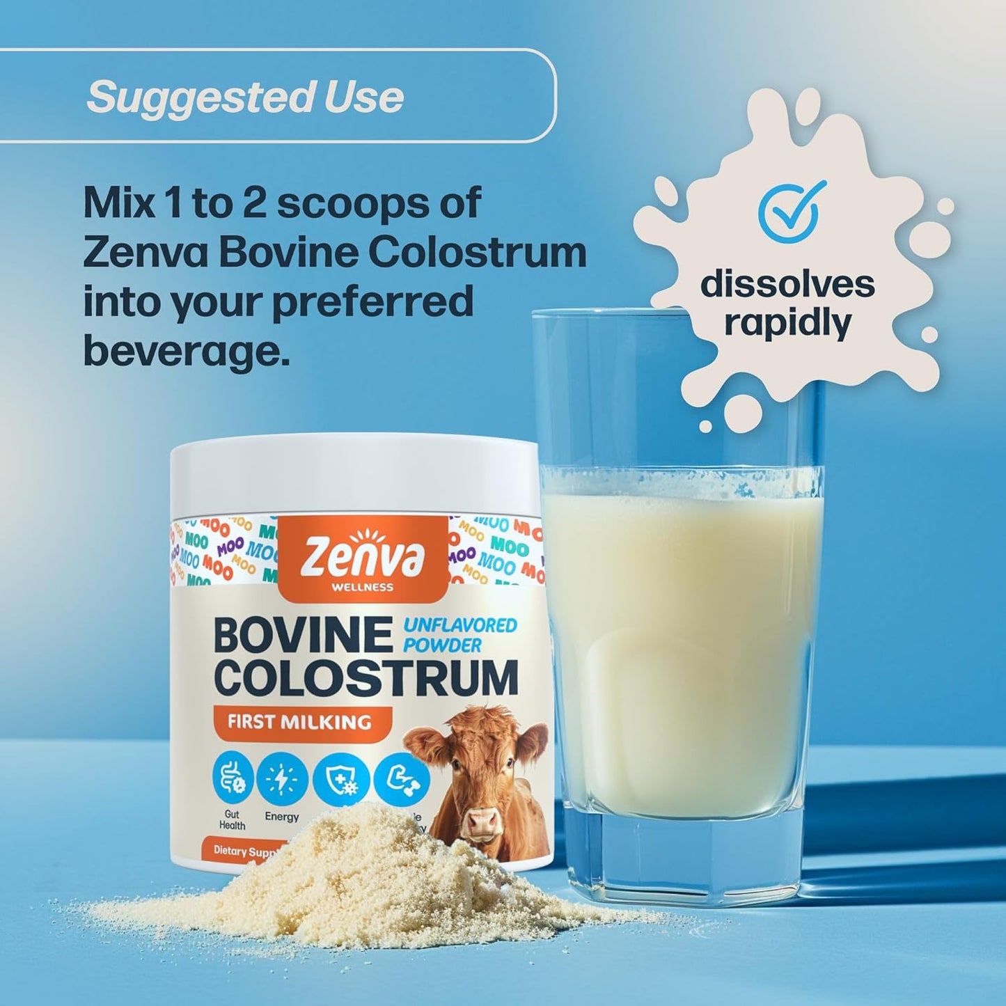 Pure Grass-Fed Bovine Colostrum Supplement for Immune Support - 100% Organic, Unflavored Powder - 60 Servings