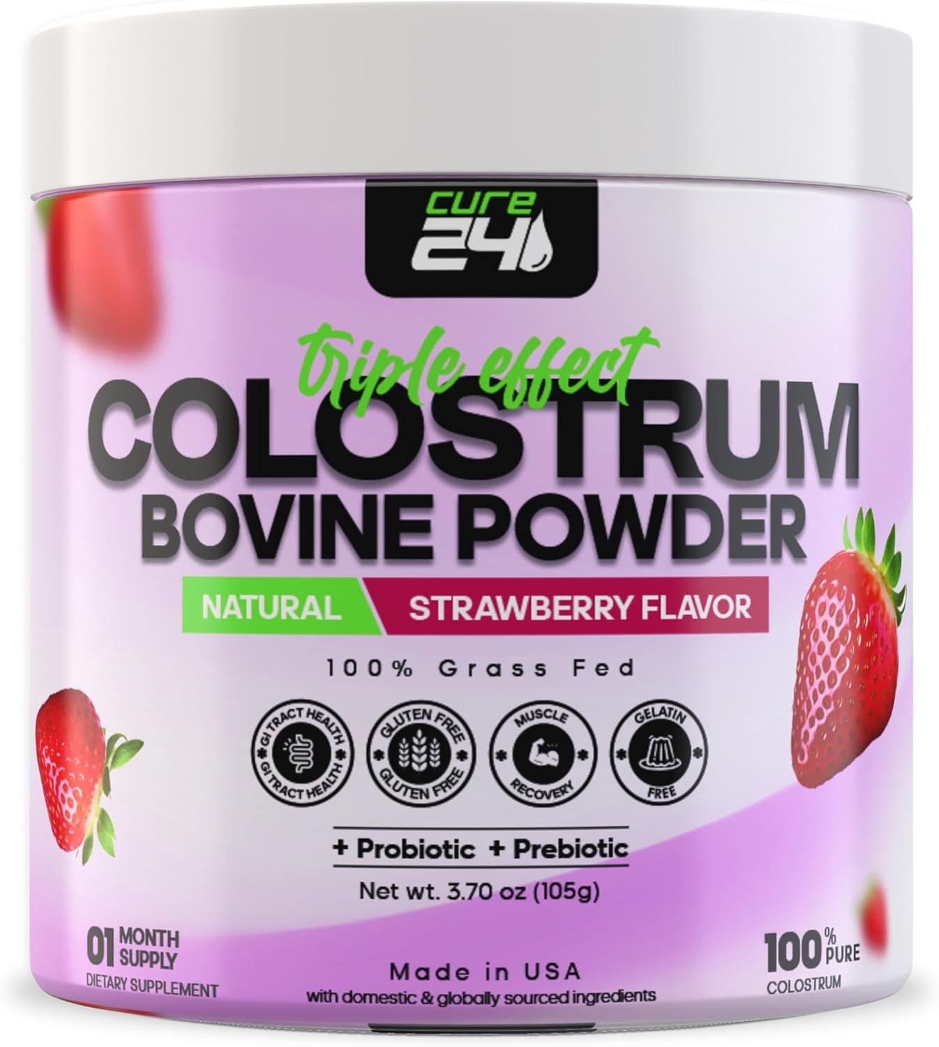 Pure Grass Fed Bovine Colostrum X3 Supplement Powder with Probiotic & Prebiotic - High IgG, Natural Strawberry Flavor - Made in USA - BoostGo Australia