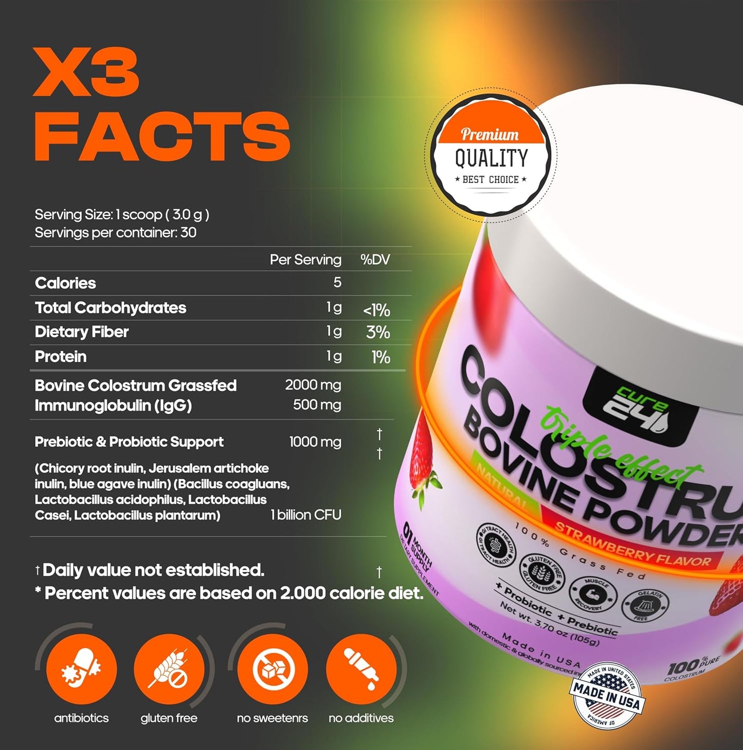 Pure Grass Fed Bovine Colostrum X3 Supplement Powder with Probiotic & Prebiotic - High IgG, Natural Strawberry Flavor - Made in USA - BoostGo Australia