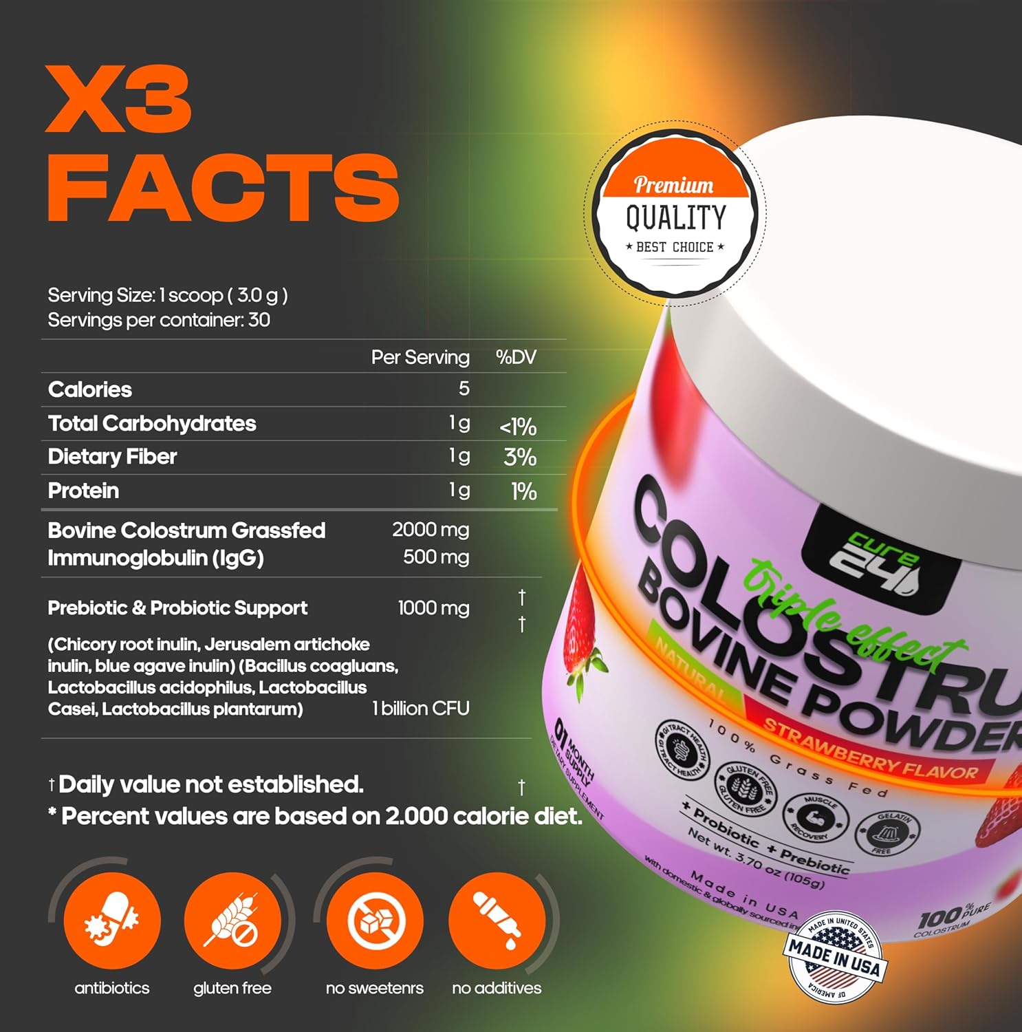 Pure Grass Fed Bovine Colostrum X3 Supplement Powder with Probiotic & Prebiotic - High IgG, Natural Strawberry Flavor - Made in USA - BoostGo Australia