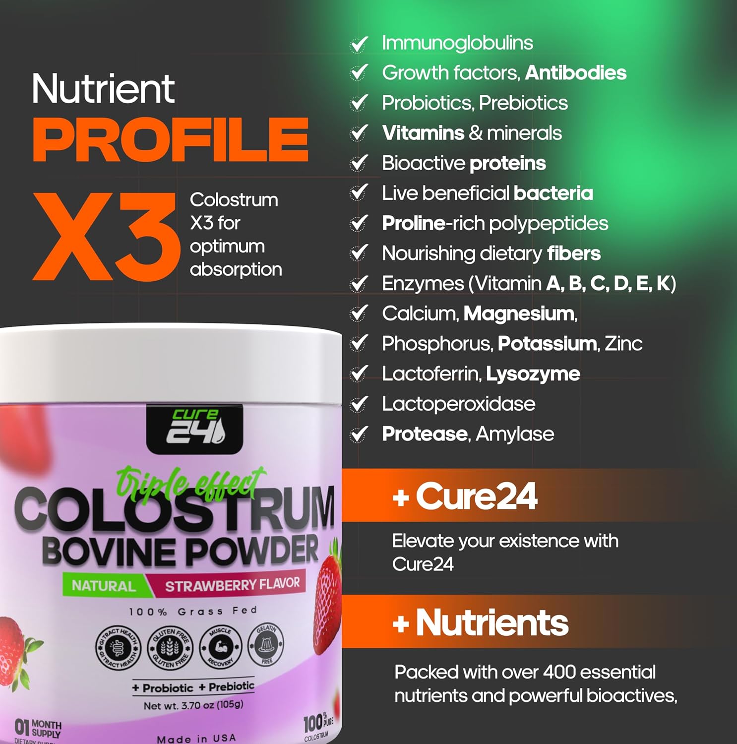 Pure Grass Fed Bovine Colostrum X3 Supplement Powder with Probiotic & Prebiotic - High IgG, Natural Strawberry Flavor - Made in USA - BoostGo Australia
