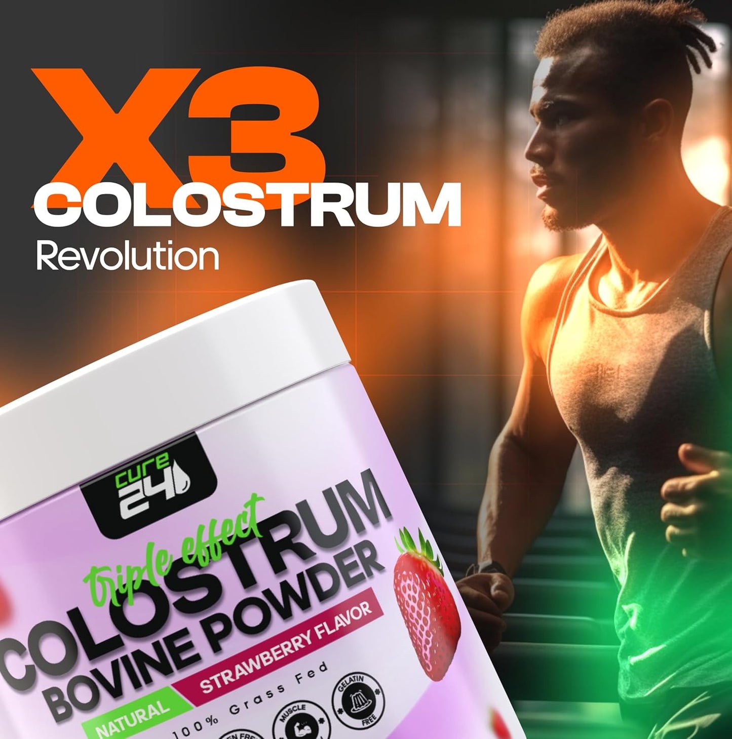 Pure Grass Fed Bovine Colostrum X3 Supplement Powder with Probiotic & Prebiotic - High IgG, Natural Strawberry Flavor - Made in USA - BoostGo Australia