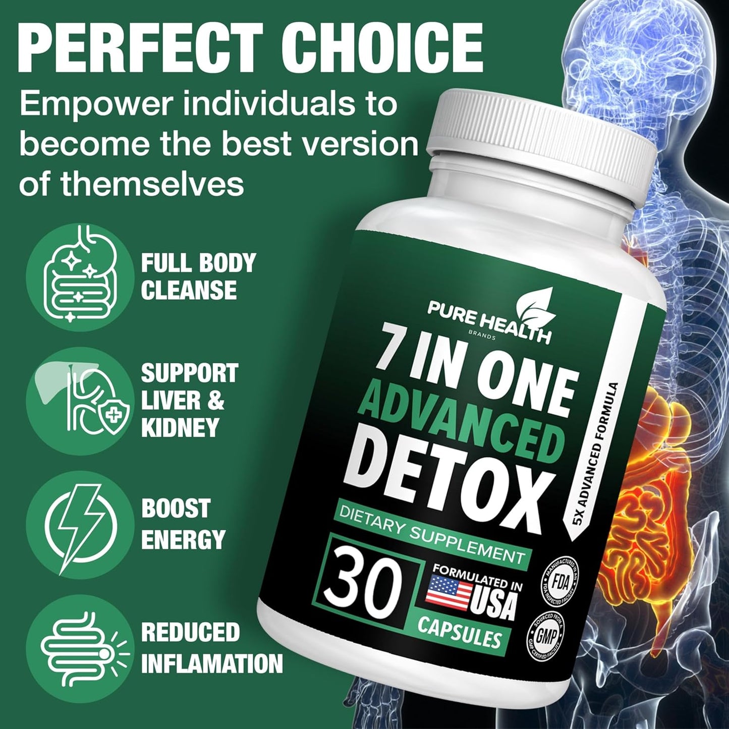 Pure Health Brands 7-in-1 Advanced Formula - Full Body Cleanse & Liver Repair - Natural Detox Support (30 Capsules)